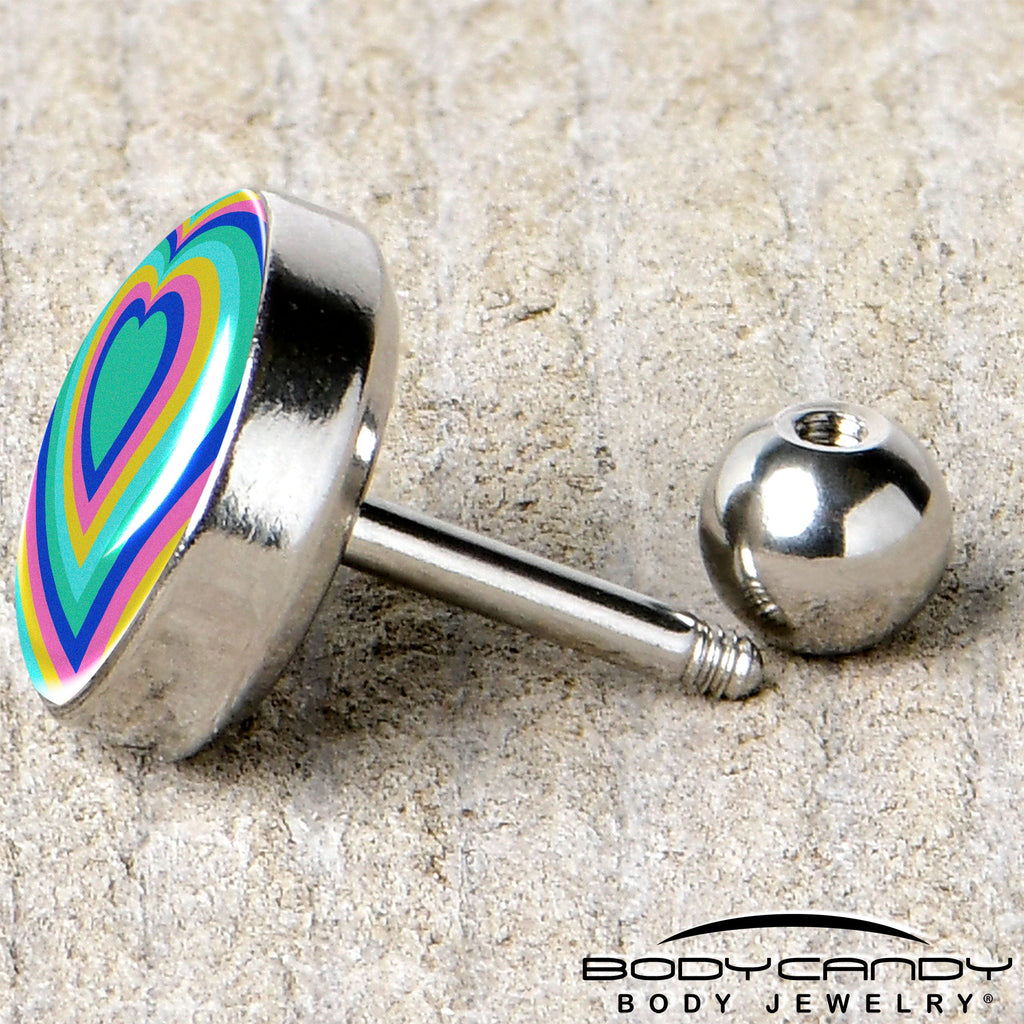 BodyCandy 16G 1/4 Rainbow Retro Heart Tragus Cartilage Earring by Onyx O — back view