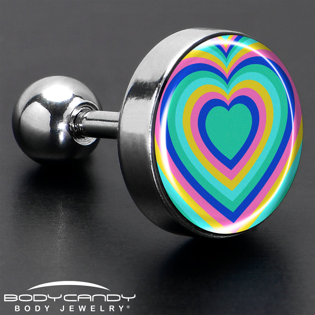 BodyCandy 16G 1/4 Rainbow Retro Heart Tragus Cartilage Earring by Onyx O — in-use photo