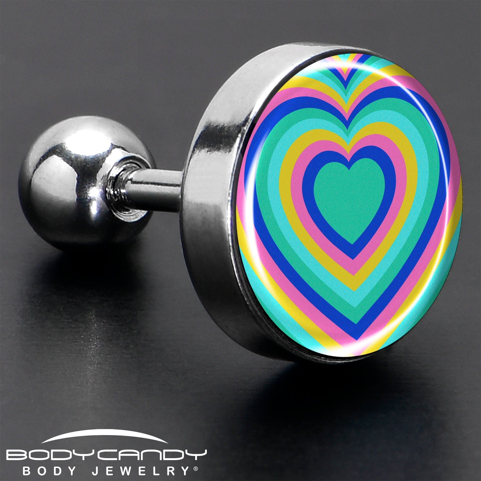 BodyCandy 16G 1/4 Rainbow Retro Heart Tragus Cartilage Earring by Onyx O — in-use photo