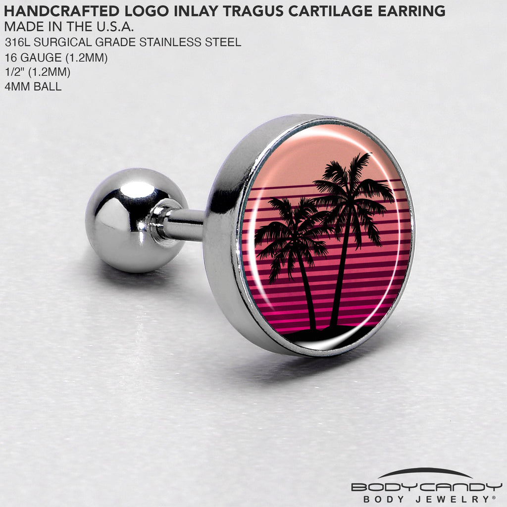 BodyCandy 16G 1/4 Palm Tree Retro Sunset Tragus Cartilage Earring by Onyx O — side view