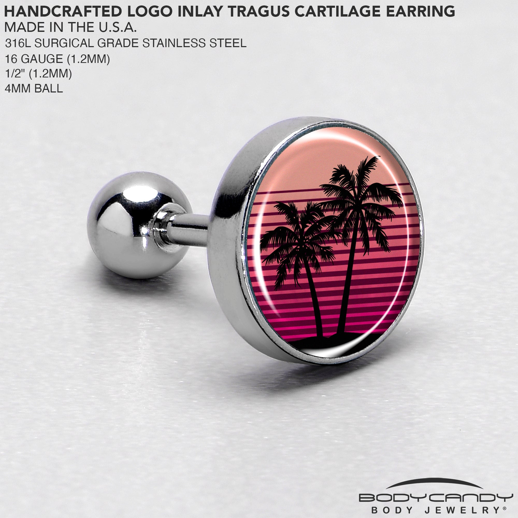 BodyCandy 16G 1/4 Palm Tree Retro Sunset Tragus Cartilage Earring by Onyx O — side view