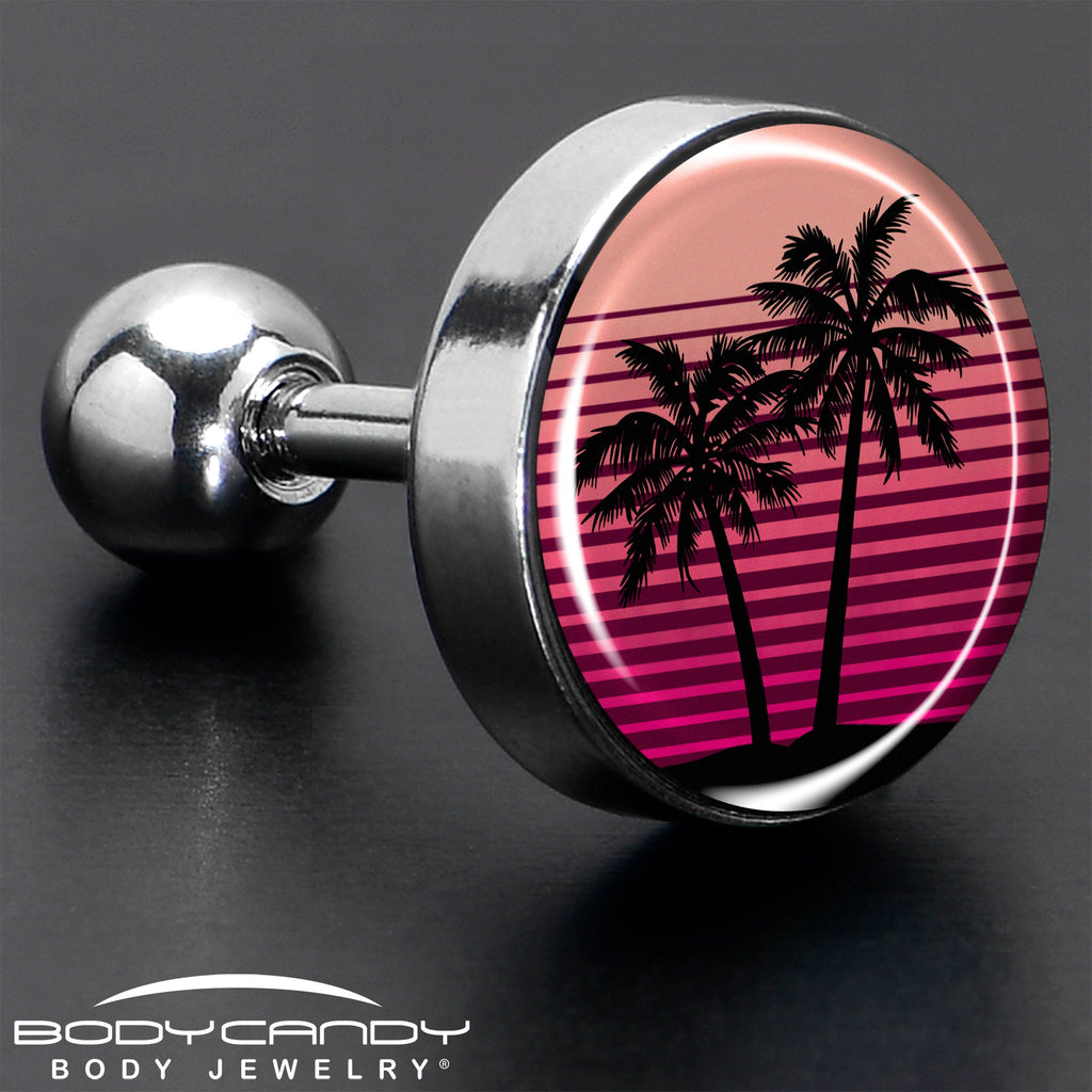 BodyCandy 16G 1/4 Palm Tree Retro Sunset Tragus Cartilage Earring by Onyx O — in-use photo