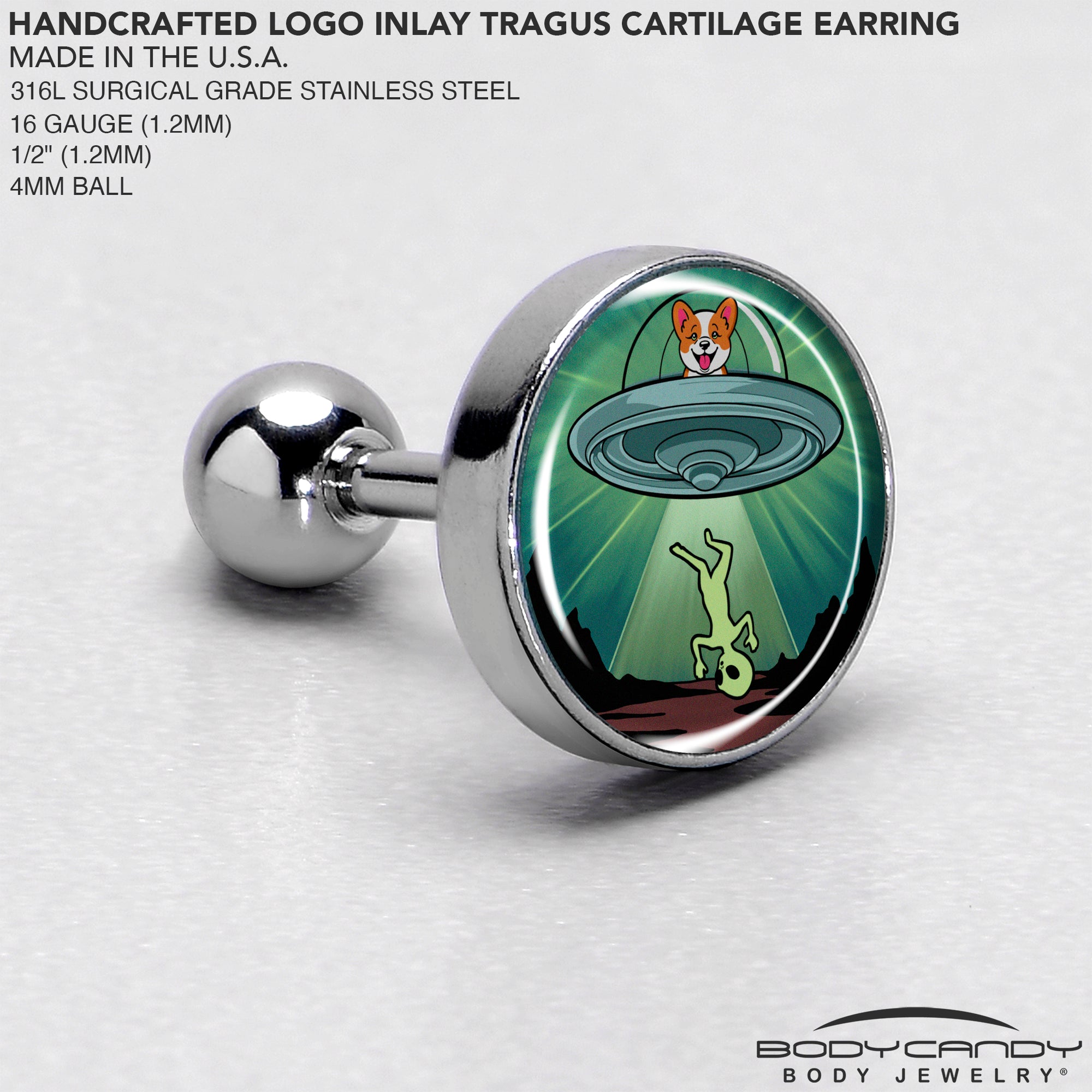 BodyCandy 16G 1/4 Reverse Alien UFO Abduction Tragus Cartilage Earring by Onyx O — side view