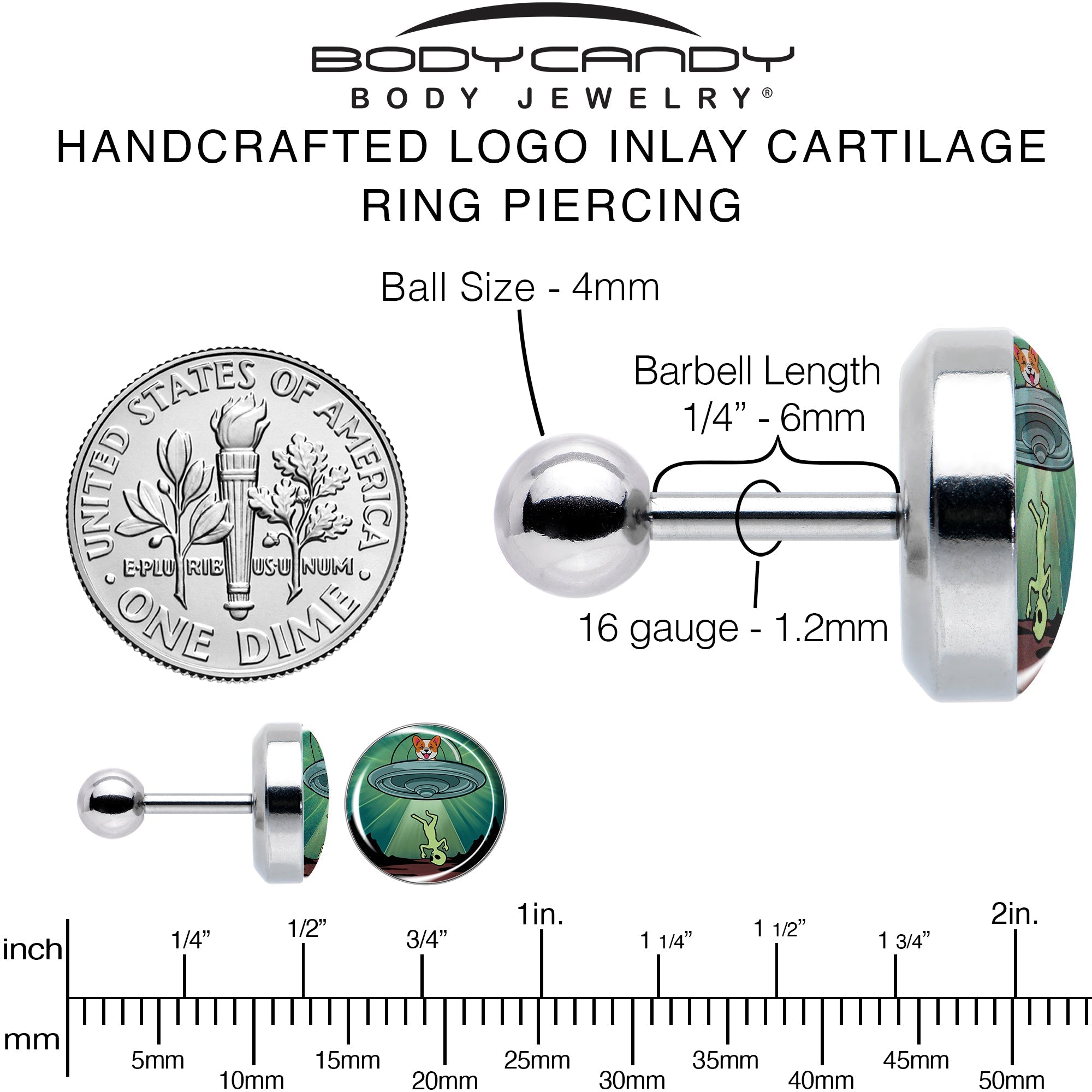 BodyCandy 16G 1/4 Reverse Alien UFO Abduction Tragus Cartilage Earring by Onyx O — alternative angle