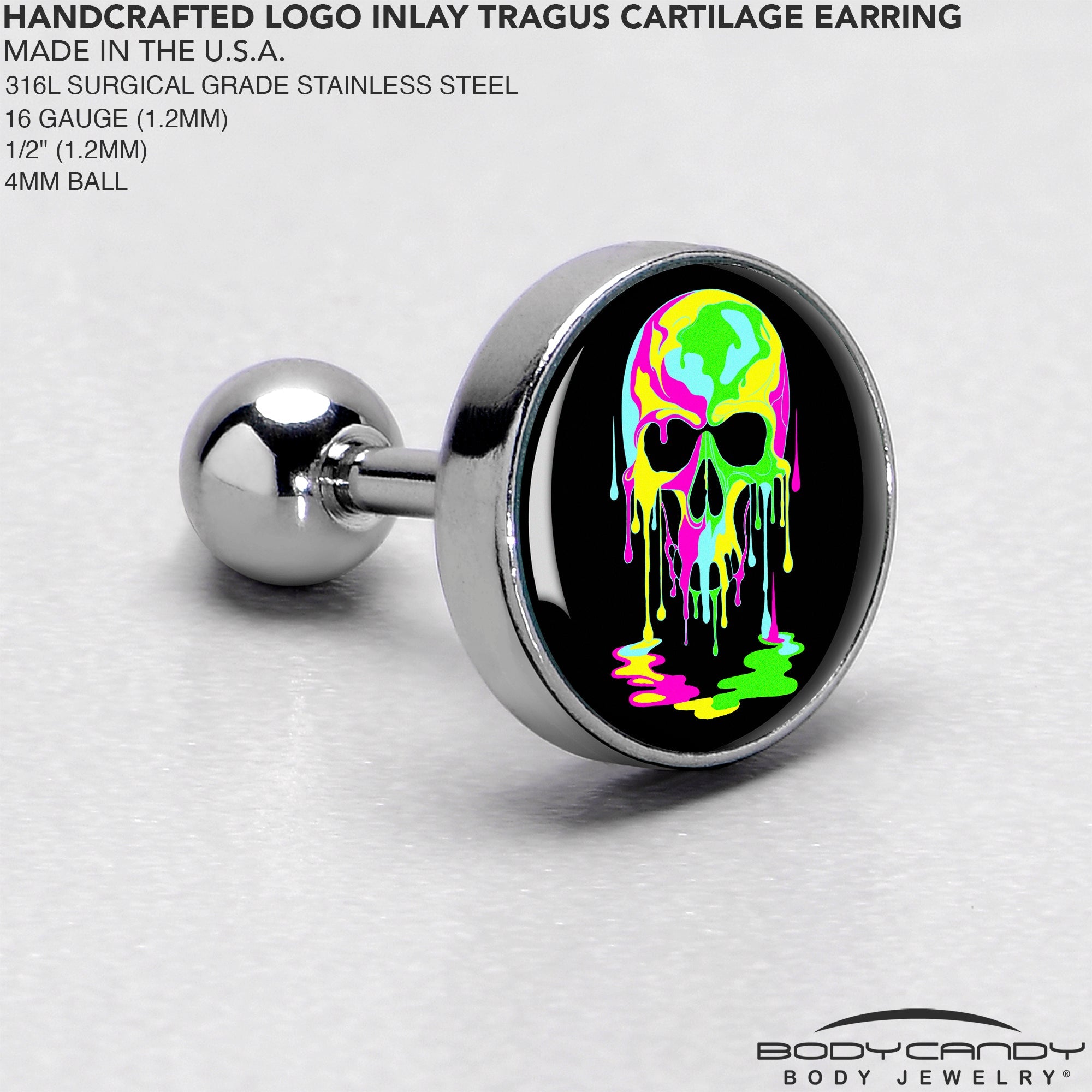 BodyCandy 16G 1/4 Ultra Bright Melting Skull Tragus Cartilage Earring by Onyx O — side view