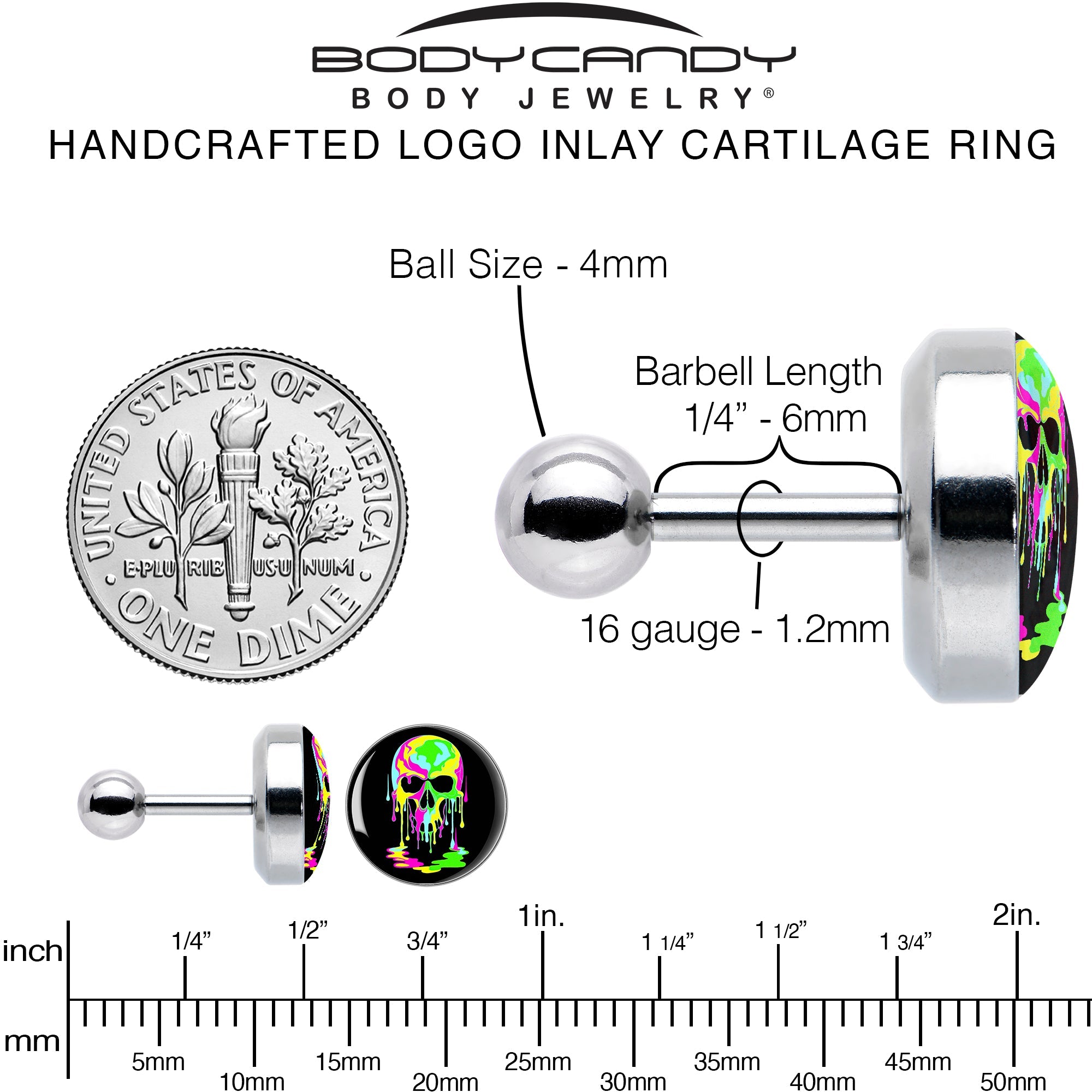 BodyCandy 16G 1/4 Ultra Bright Melting Skull Tragus Cartilage Earring by Onyx O — alternative angle
