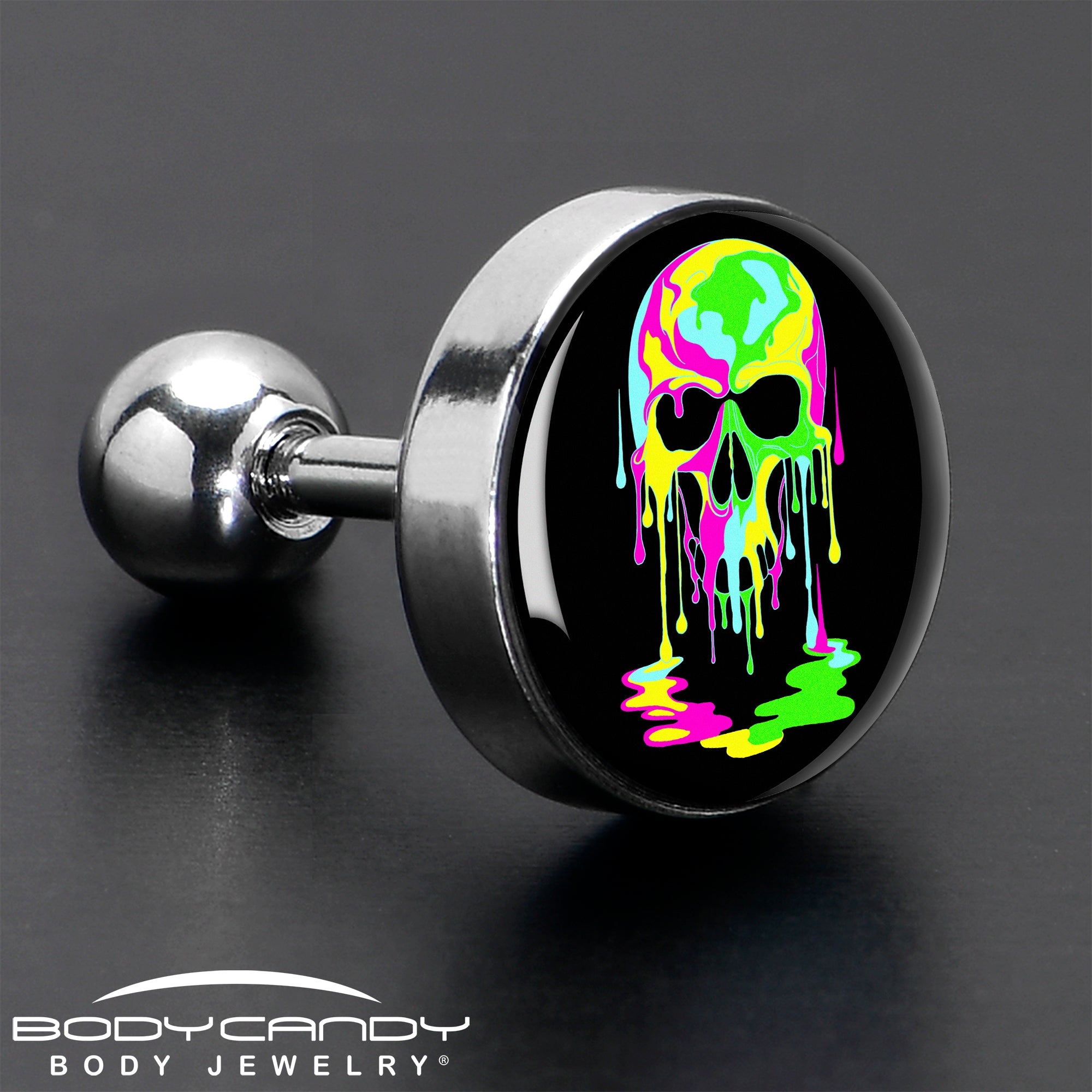 BodyCandy 16G 1/4 Ultra Bright Melting Skull Tragus Cartilage Earring by Onyx O — in-use photo