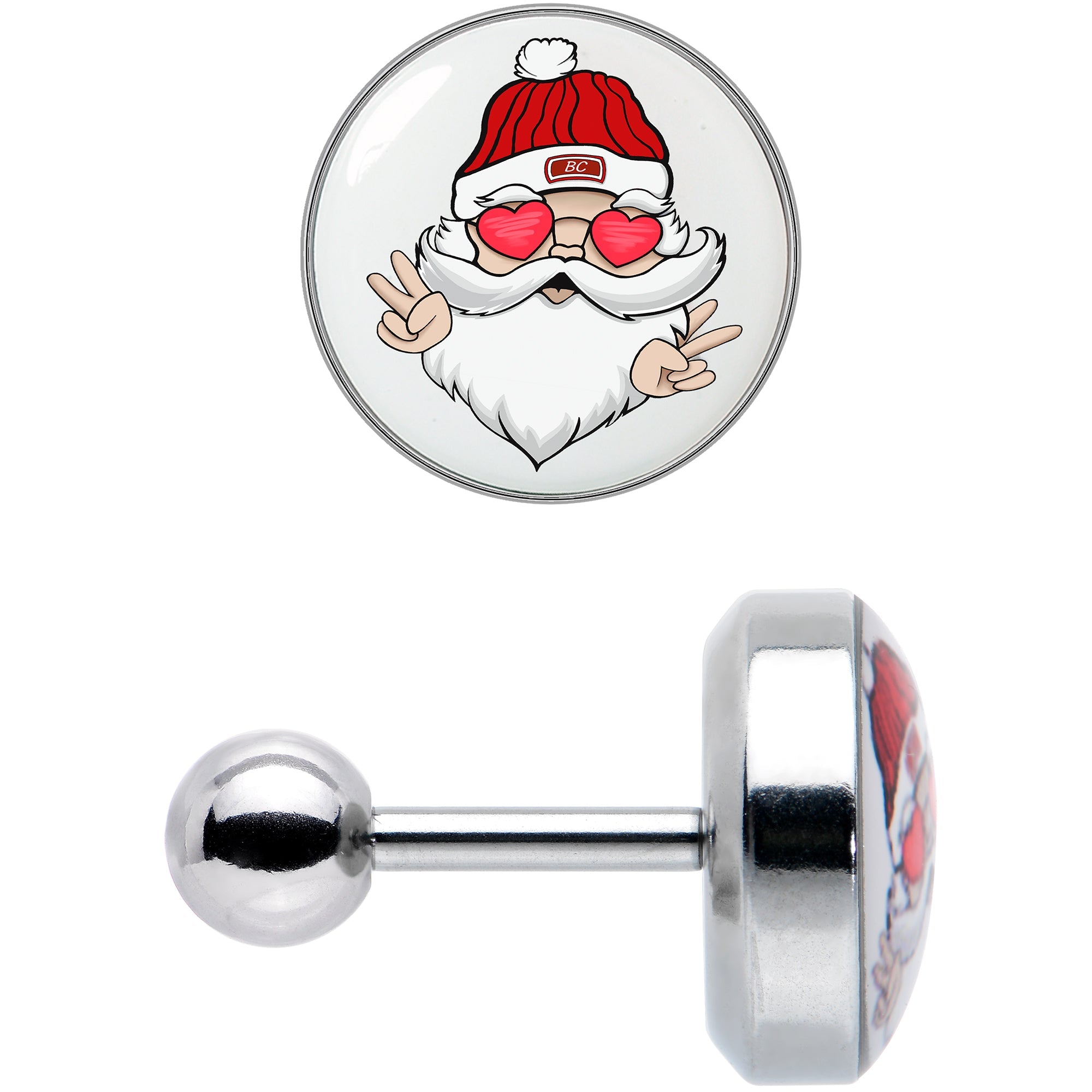 BodyCandy 16G 1/4 Christmas Peace Love Santa Tragus Cartilage Earring by Onyx O — detail close-up