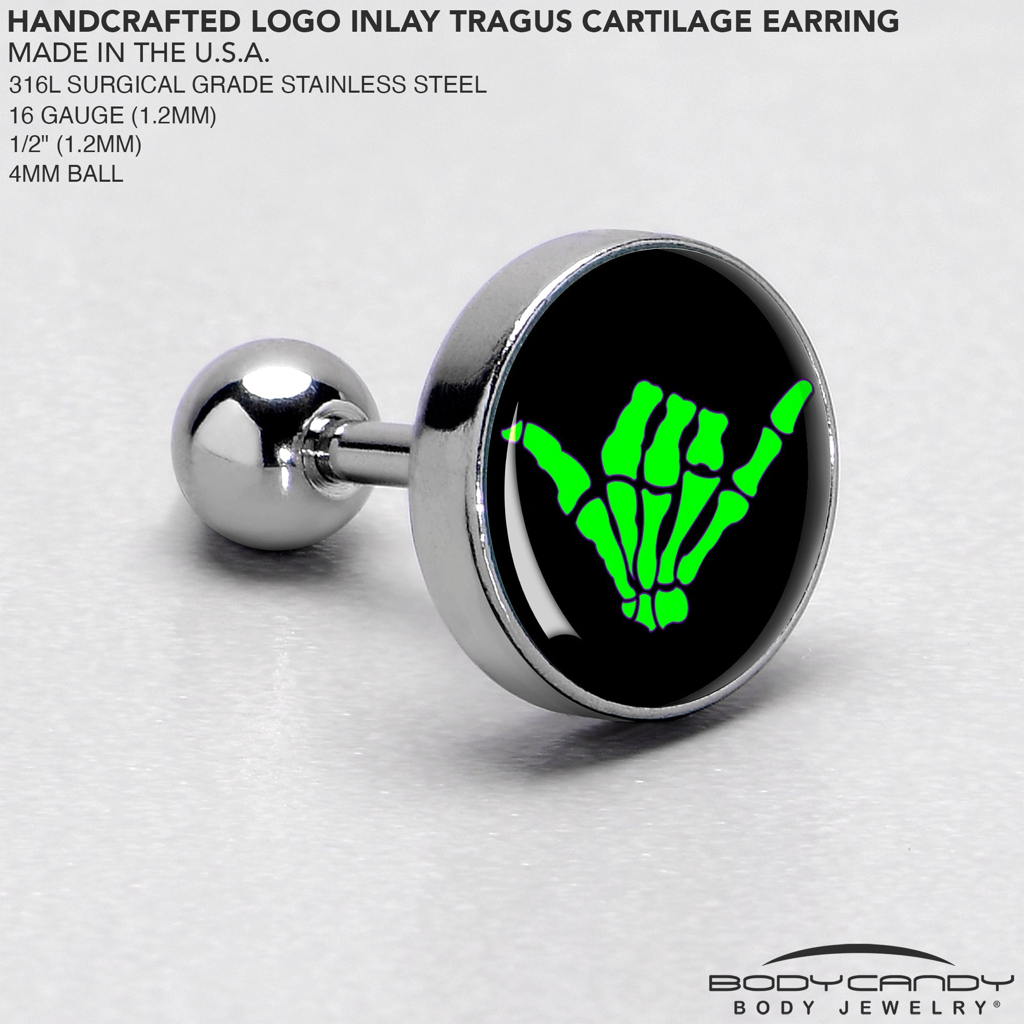 BodyCandy 16G 1/4 Shaka Hand Cartilage Tragus Earring by Onyx O — side view