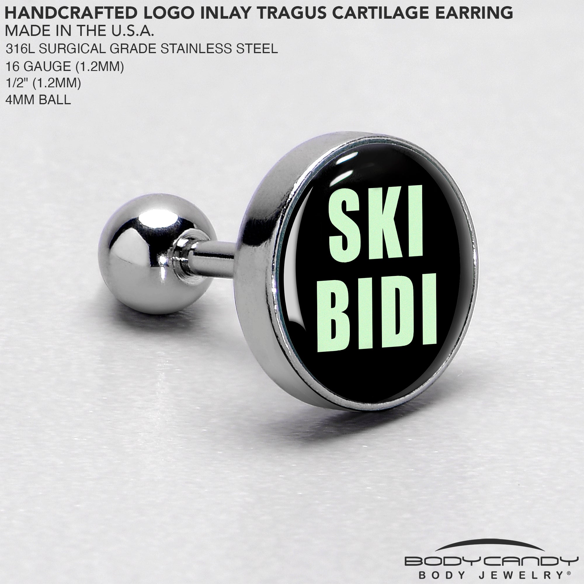 BodyCandy 16G 1/4 SKIBIDI Cartilage Tragus Earring by Onyx O — side view