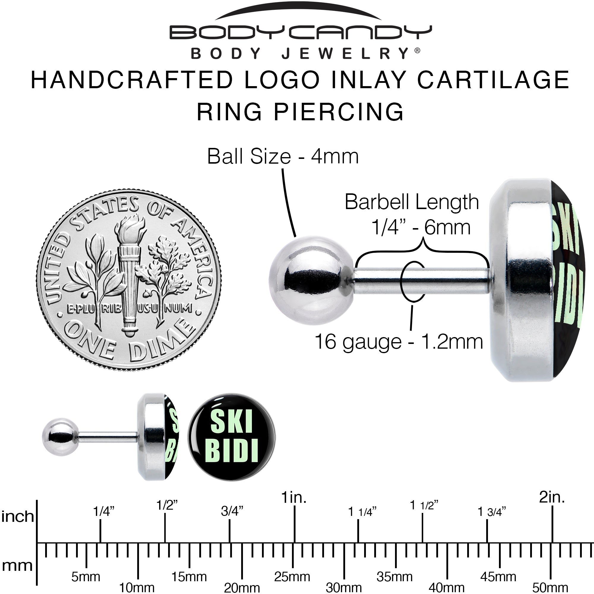 BodyCandy 16G 1/4 SKIBIDI Cartilage Tragus Earring by Onyx O — alternative angle