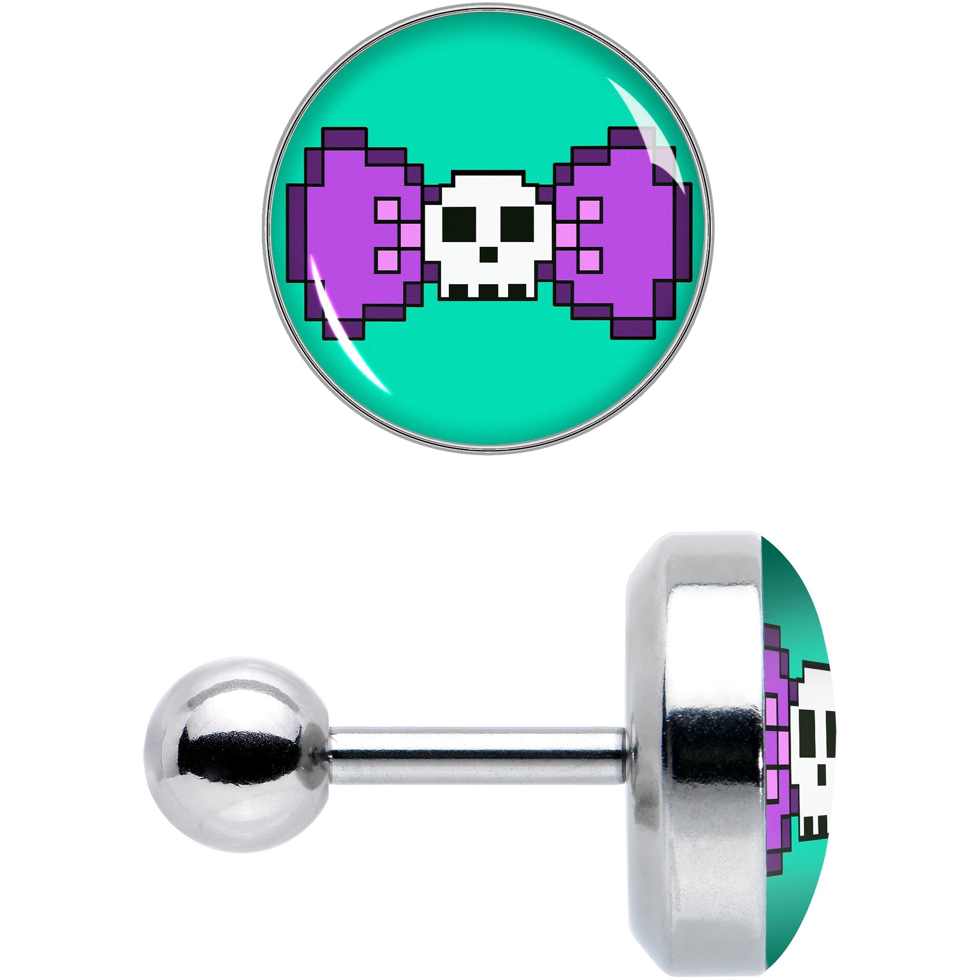 BodyCandy 16G 1/4 Retro Pixel Skull Cartilage Tragus Earring by Onyx O — detail close-up
