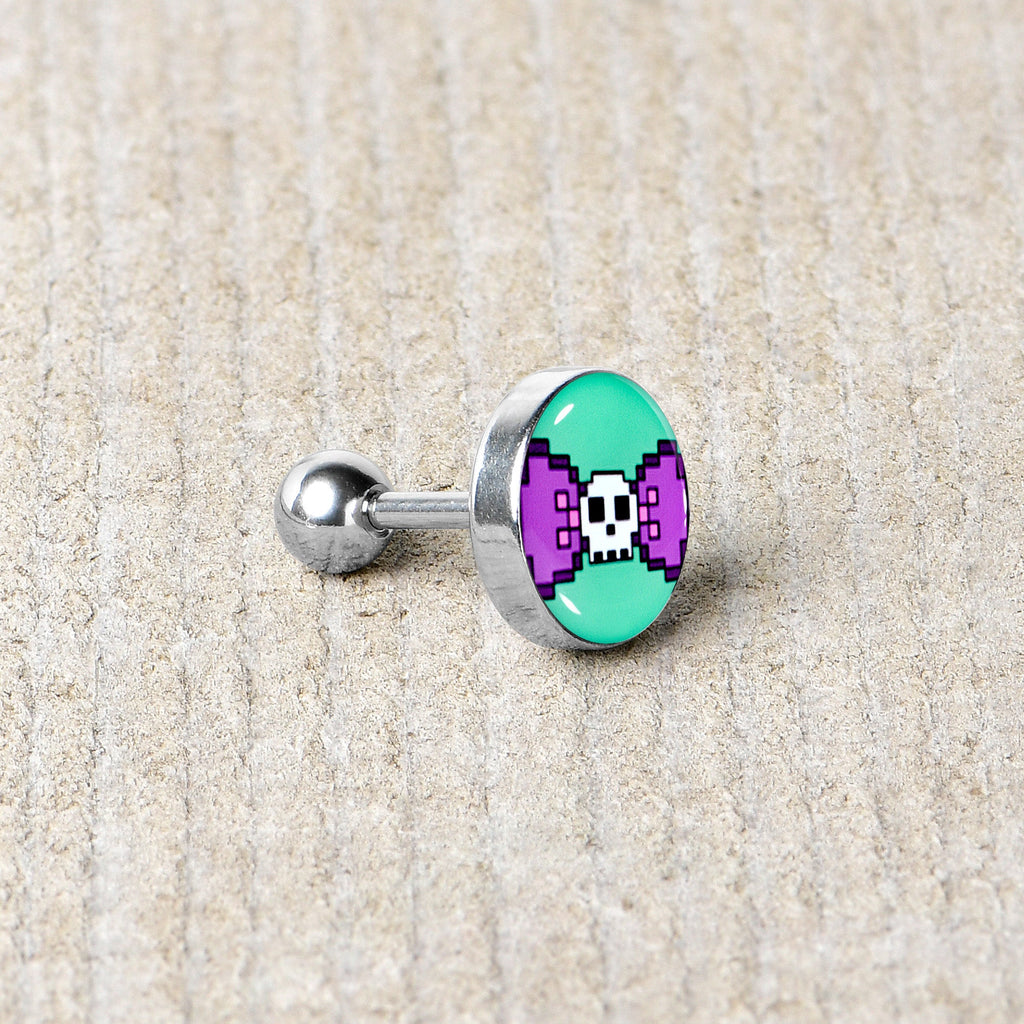 BodyCandy 16G 1/4 Retro Pixel Skull Cartilage Tragus Earring by Onyx O — back view
