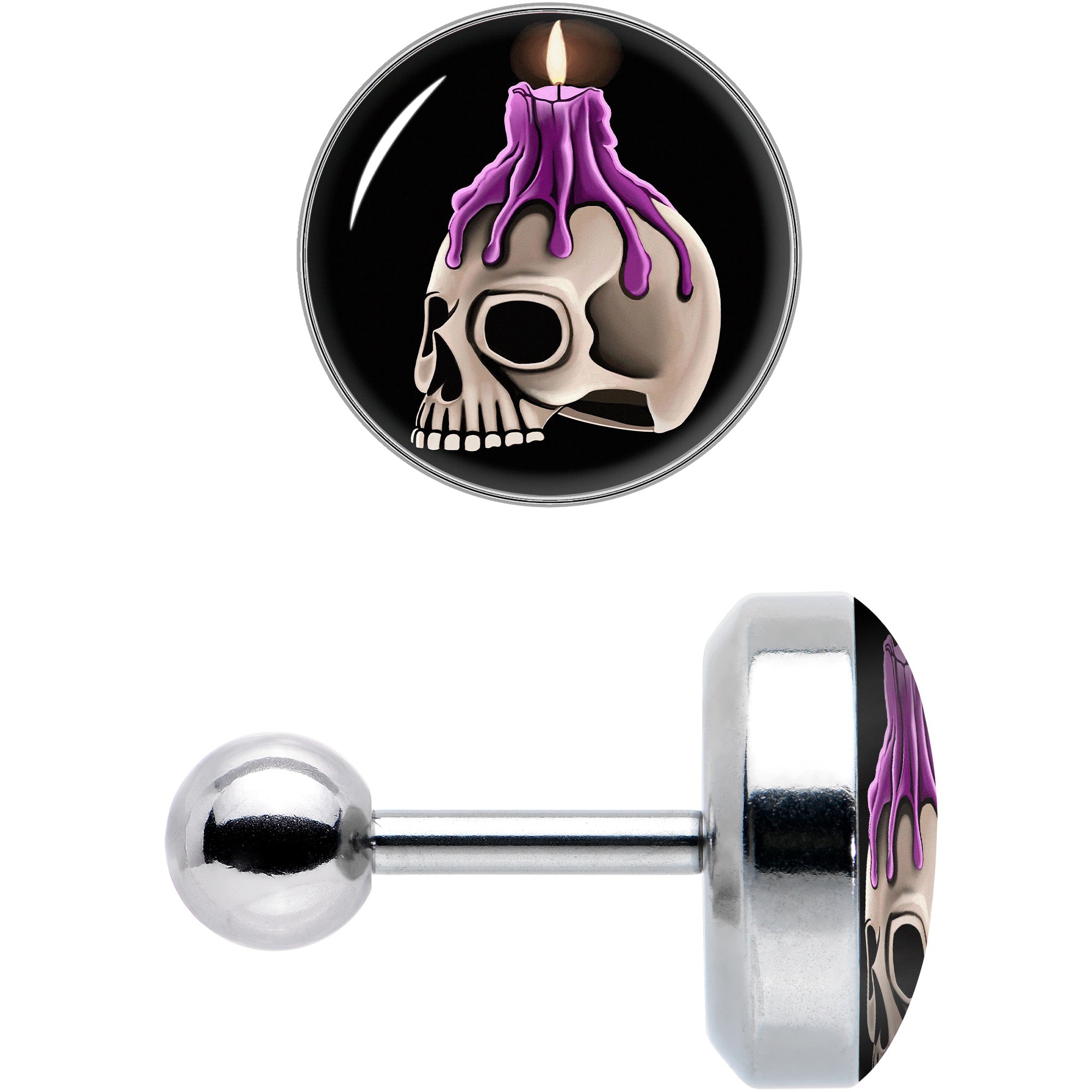 BodyCandy 16G 1/4 Burning Skull Candle Cartilage Tragus Earring by Onyx O — detail close-up