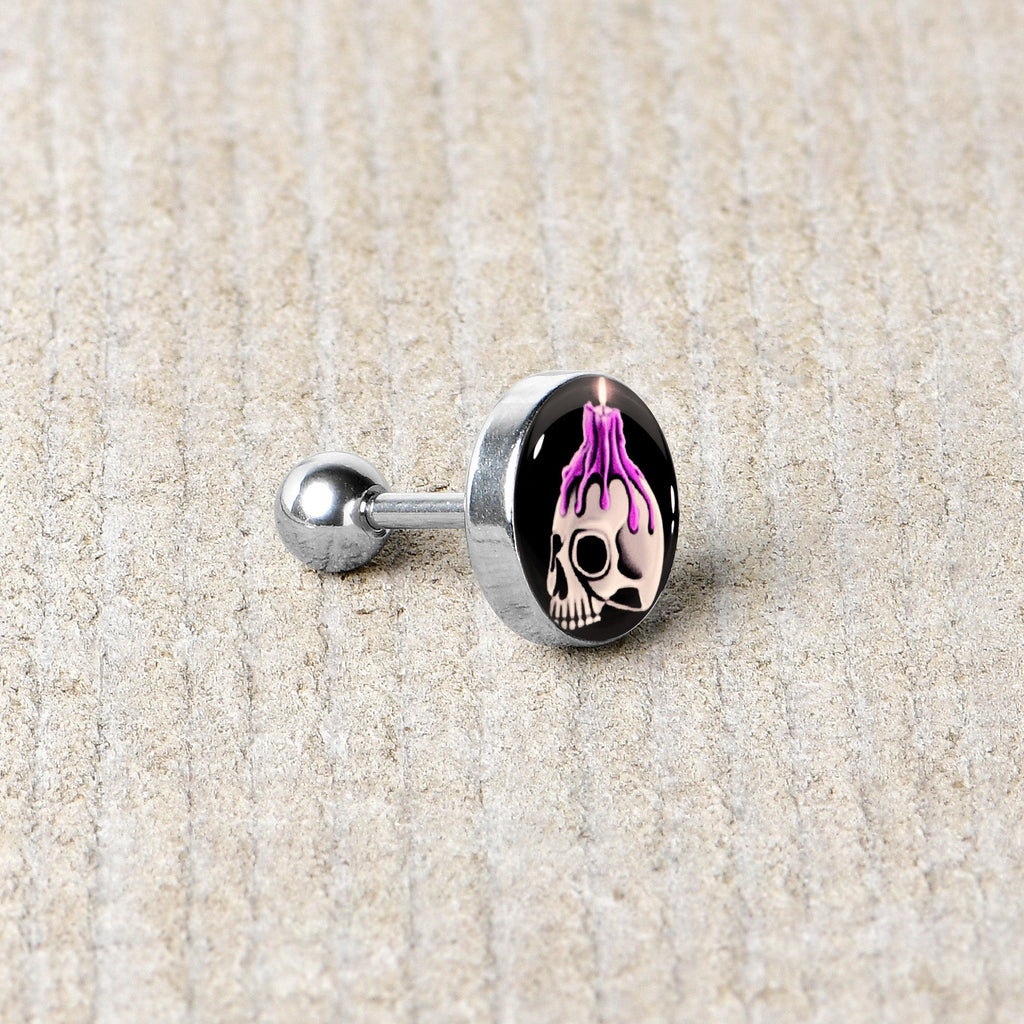 BodyCandy 16G 1/4 Burning Skull Candle Cartilage Tragus Earring by Onyx O — back view