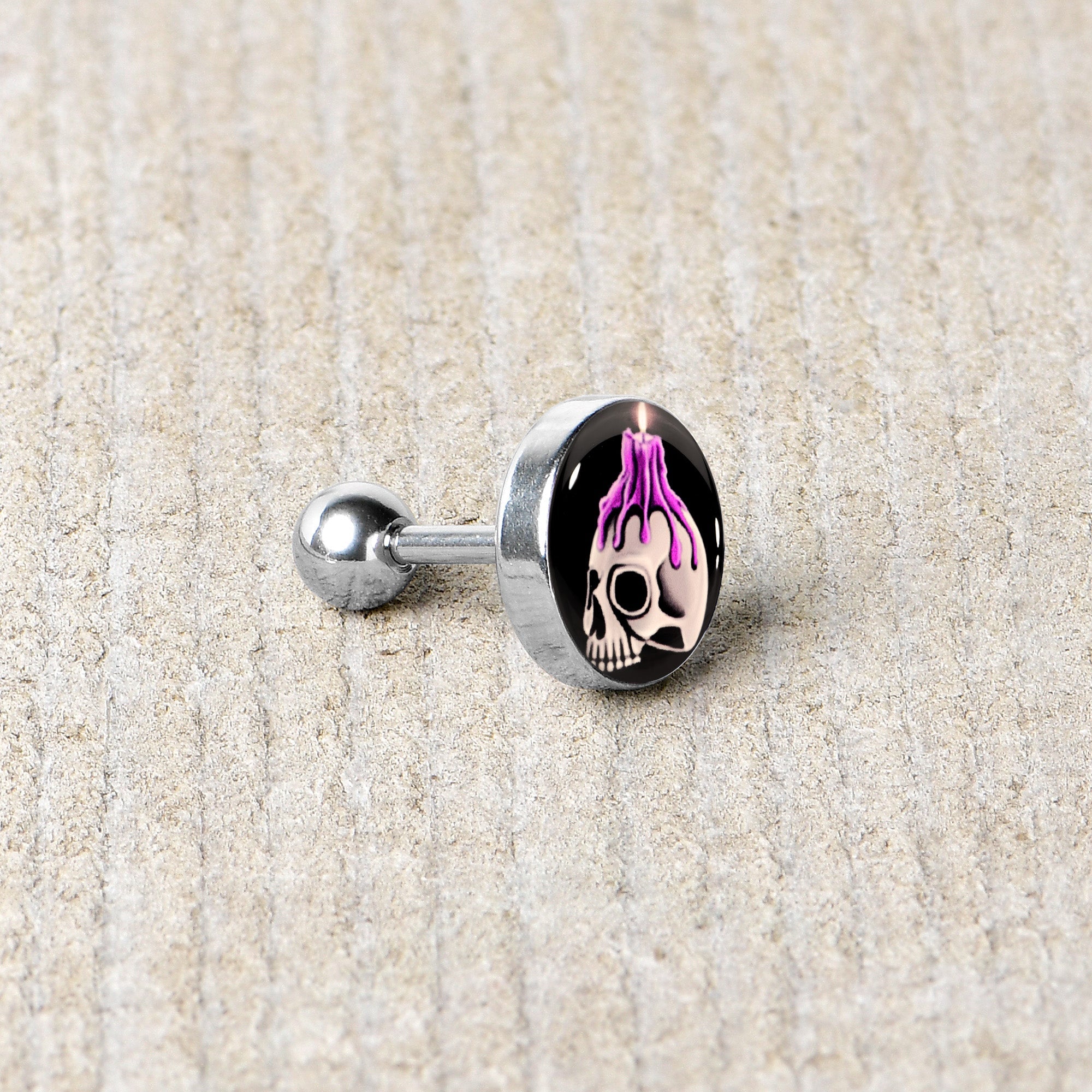 BodyCandy 16G 1/4 Burning Skull Candle Cartilage Tragus Earring by Onyx O — back view