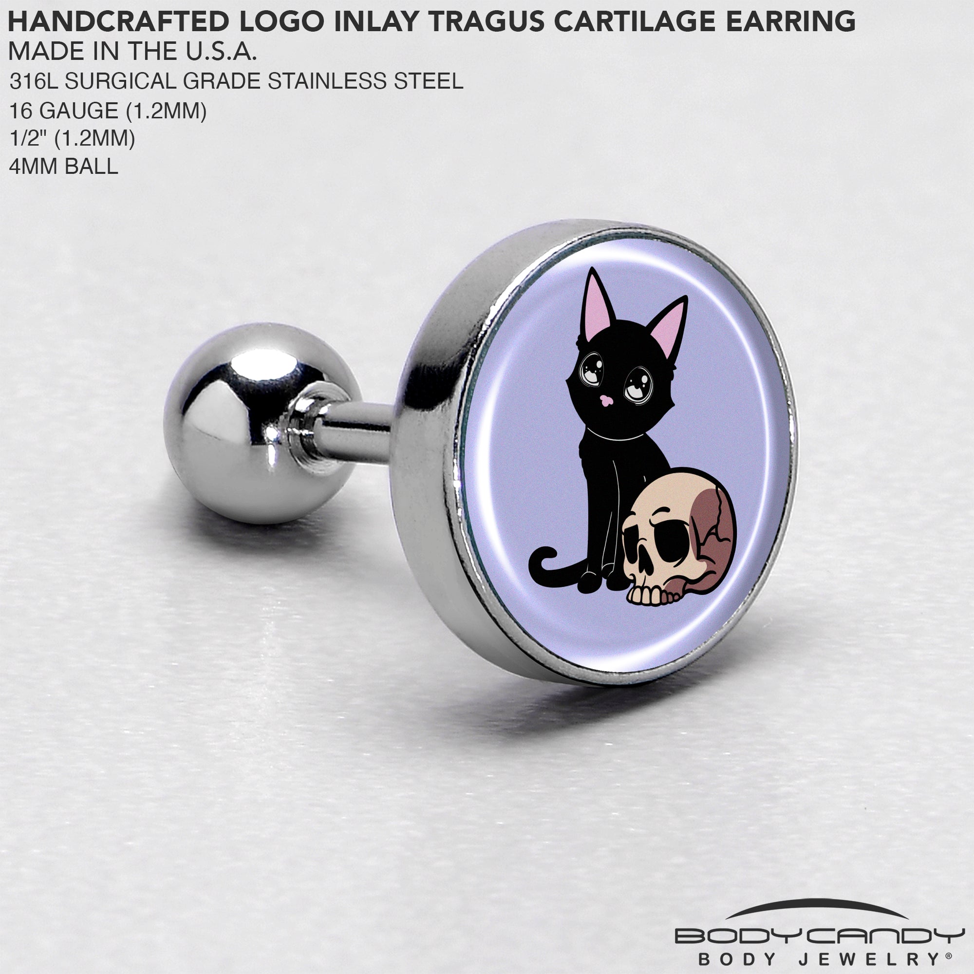 BodyCandy 16G 1/4 Skull Cat Tragus Cartilage Earring by Onyx O — side view