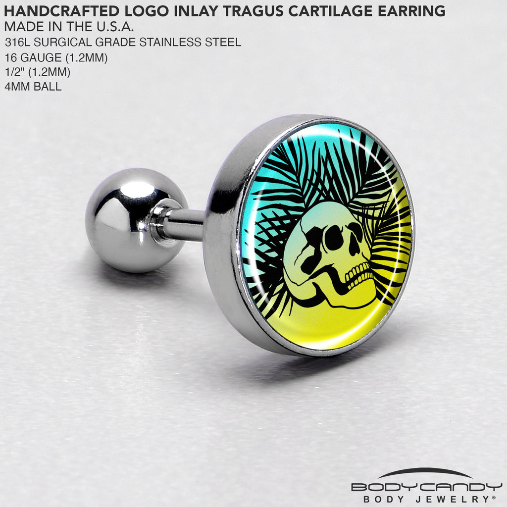 BodyCandy 16G 1/4 Blue Haze Sunset Skull and Palms Tragus Cartilage Earring by Onyx O — side view