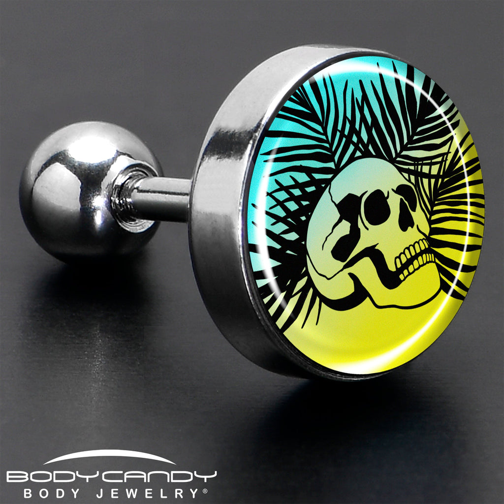 BodyCandy 16G 1/4 Blue Haze Sunset Skull and Palms Tragus Cartilage Earring by Onyx O — in-use photo