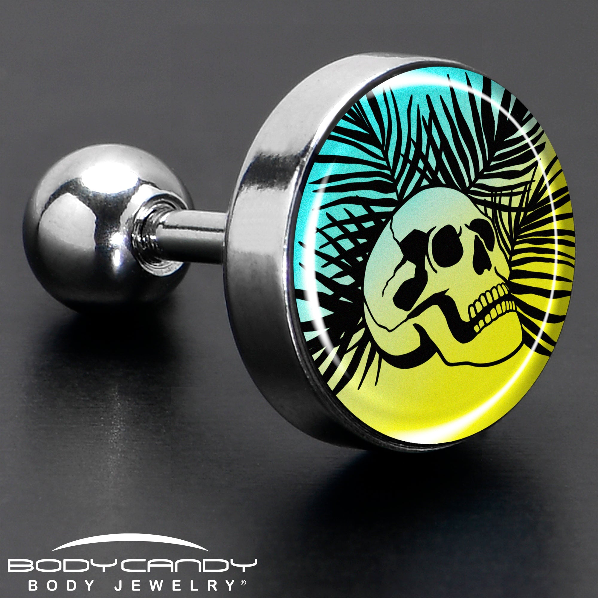 BodyCandy 16G 1/4 Blue Haze Sunset Skull and Palms Tragus Cartilage Earring by Onyx O — in-use photo
