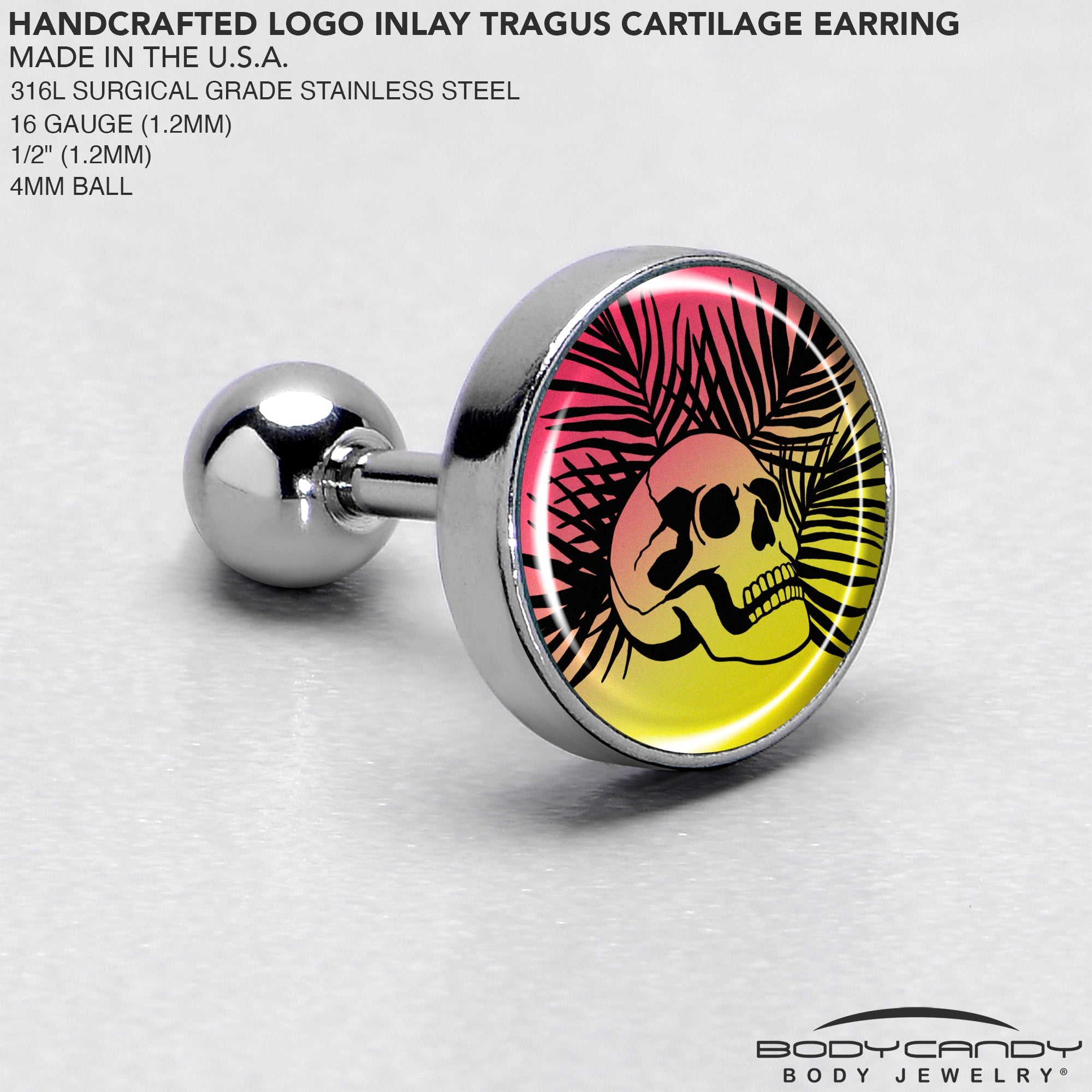 BodyCandy 16G 1/4 Red Haze Sunset Skull and Palms Tragus Cartilage Earring by Onyx O — side view