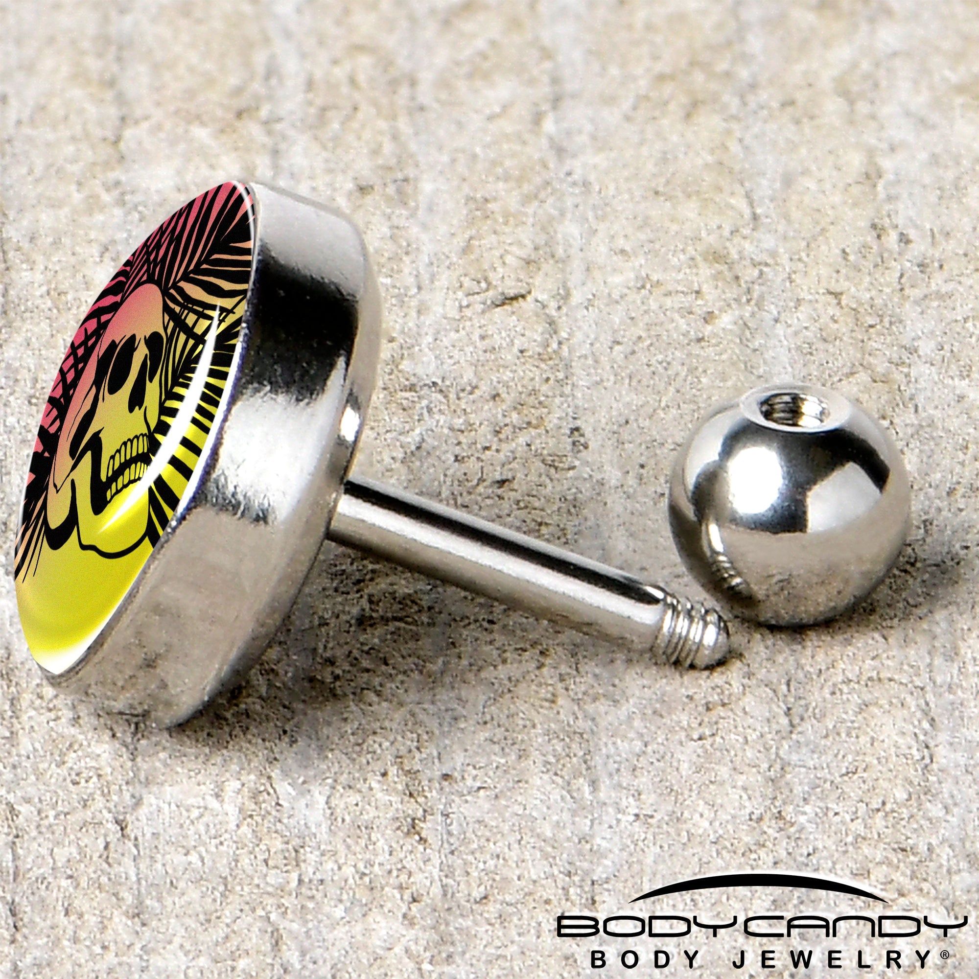 BodyCandy 16G 1/4 Red Haze Sunset Skull and Palms Tragus Cartilage Earring by Onyx O — back view