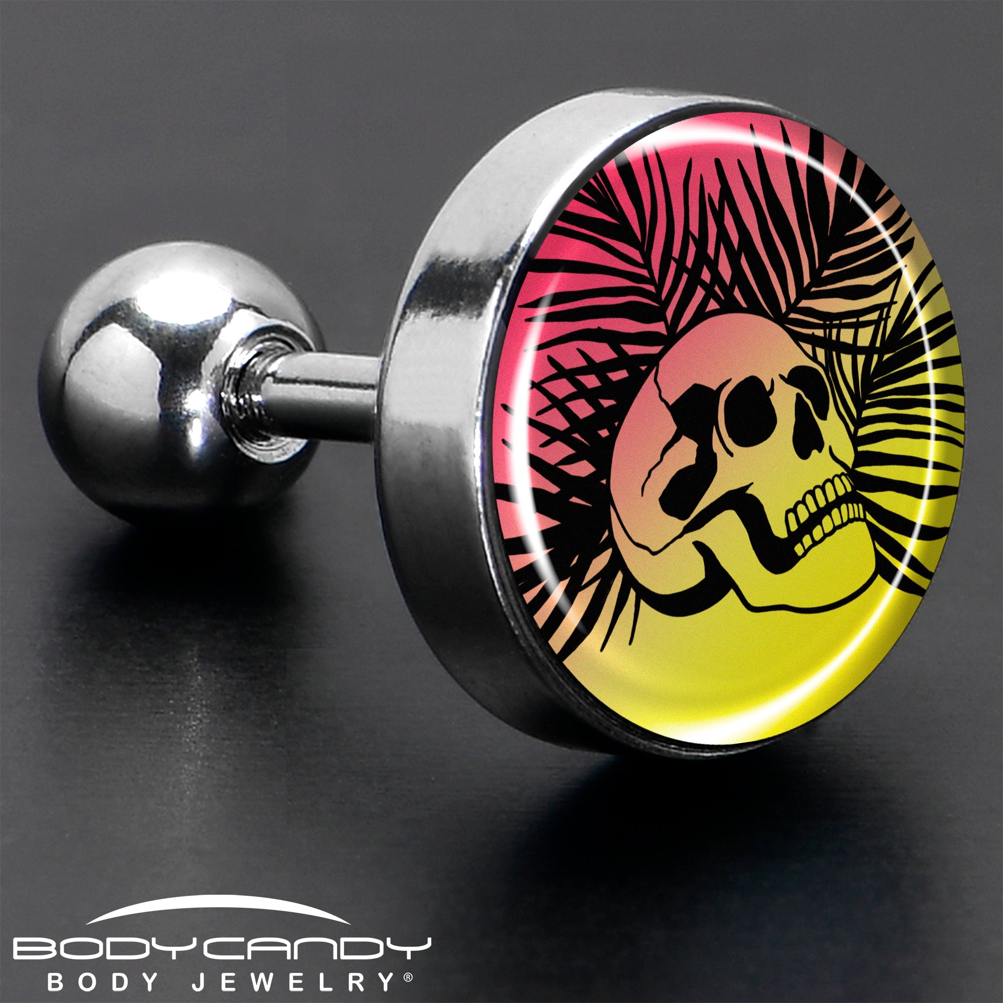BodyCandy 16G 1/4 Red Haze Sunset Skull and Palms Tragus Cartilage Earring by Onyx O — in-use photo