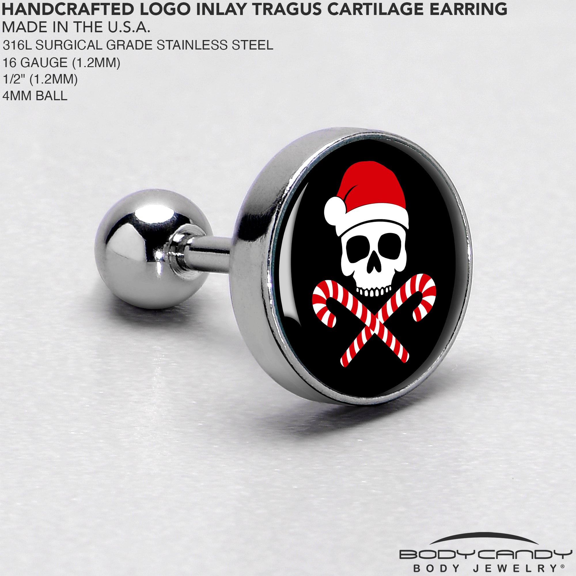 BodyCandy 16G 1/4 Santa Pirate Candy Cane Tragus Cartilage Earring by Onyx O — side view