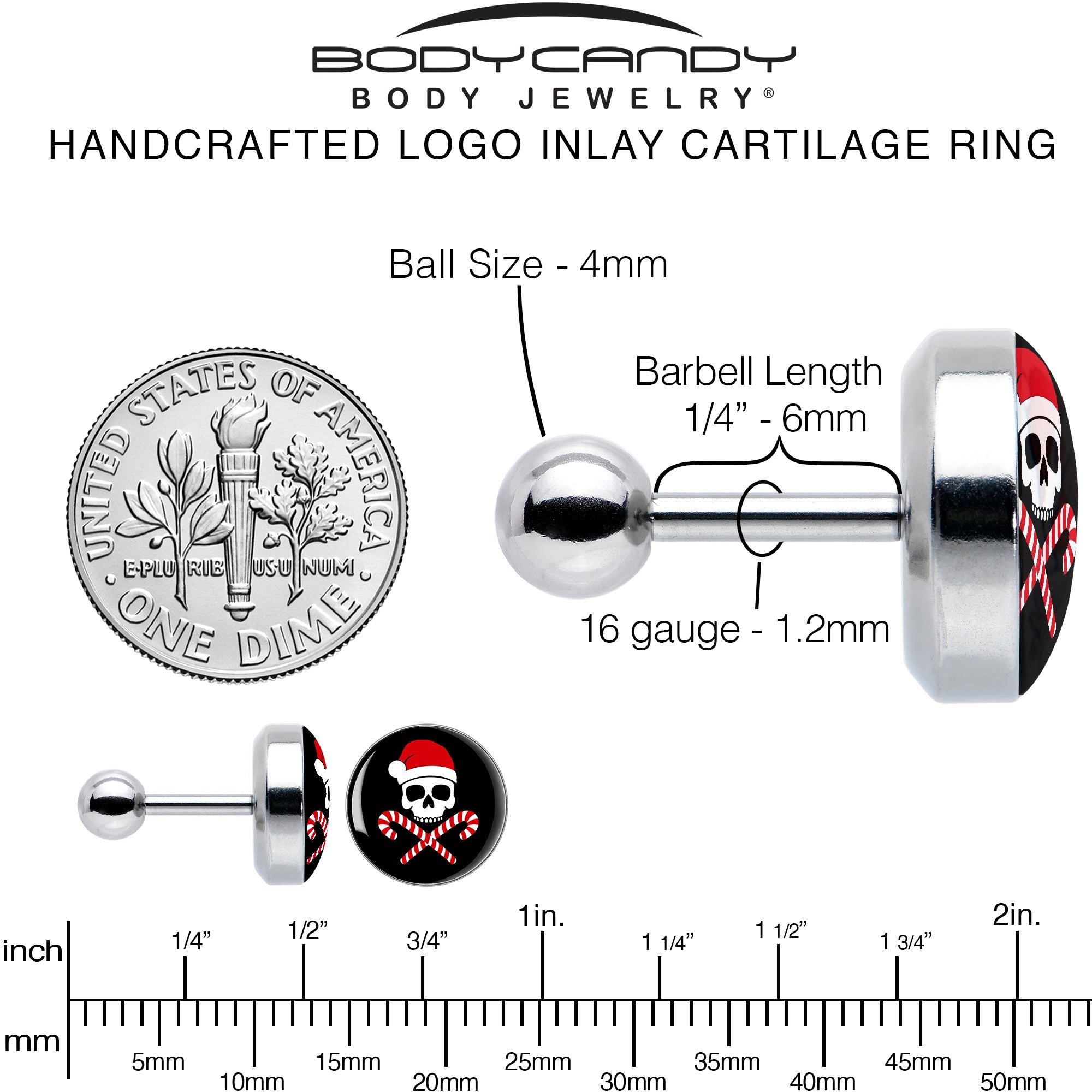 BodyCandy 16G 1/4 Santa Pirate Candy Cane Tragus Cartilage Earring by Onyx O — alternative angle