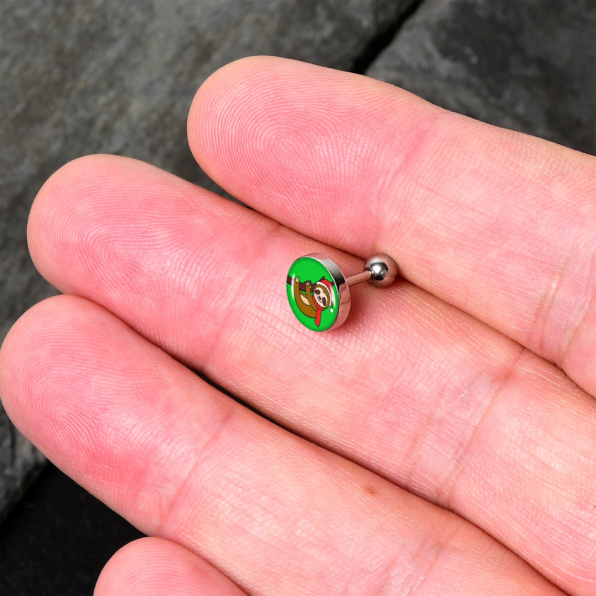 BodyCandy 16G 1/4 Santa Sloth Tragus Cartilage Earring by Onyx O — detail close-up