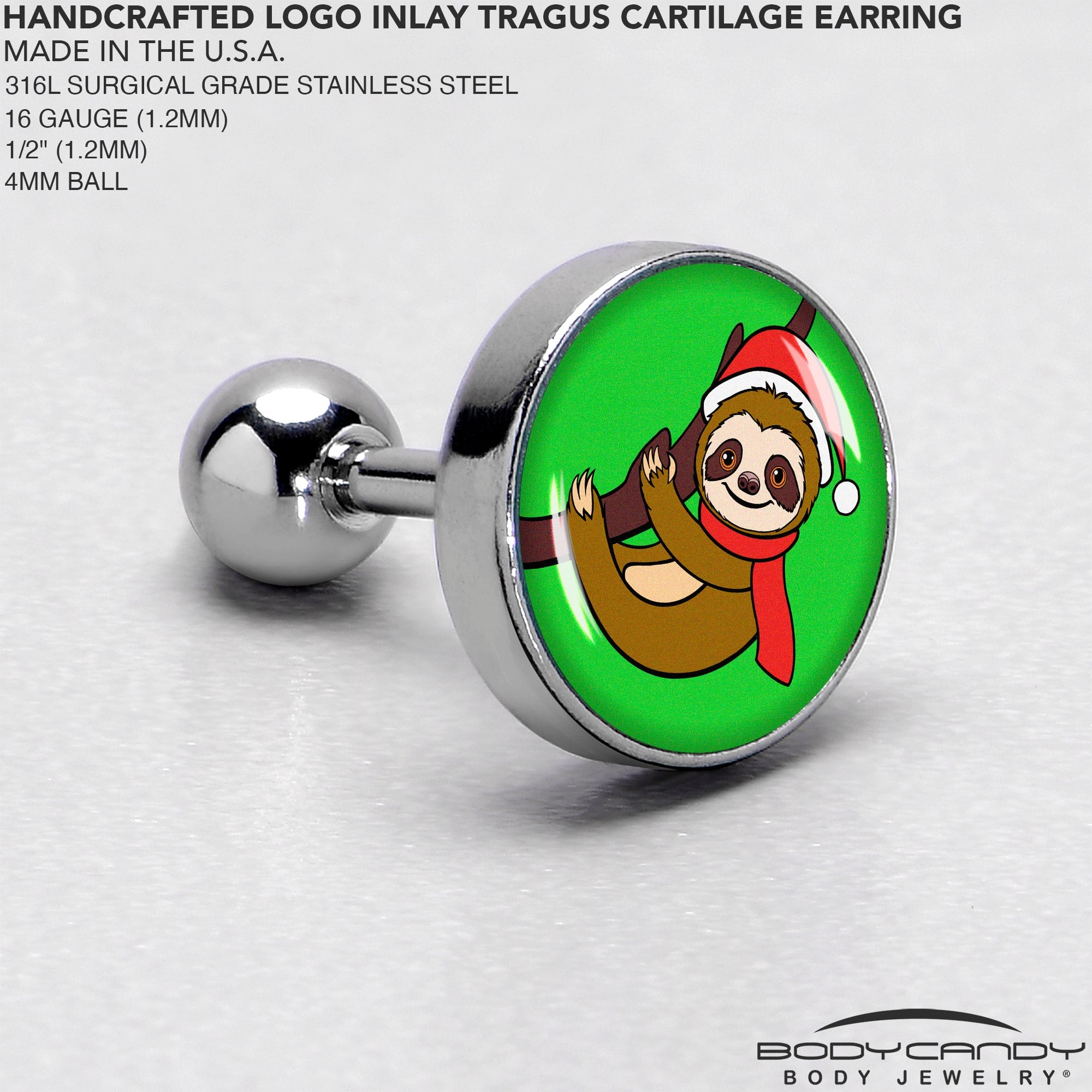 BodyCandy 16G 1/4 Santa Sloth Tragus Cartilage Earring by Onyx O — side view