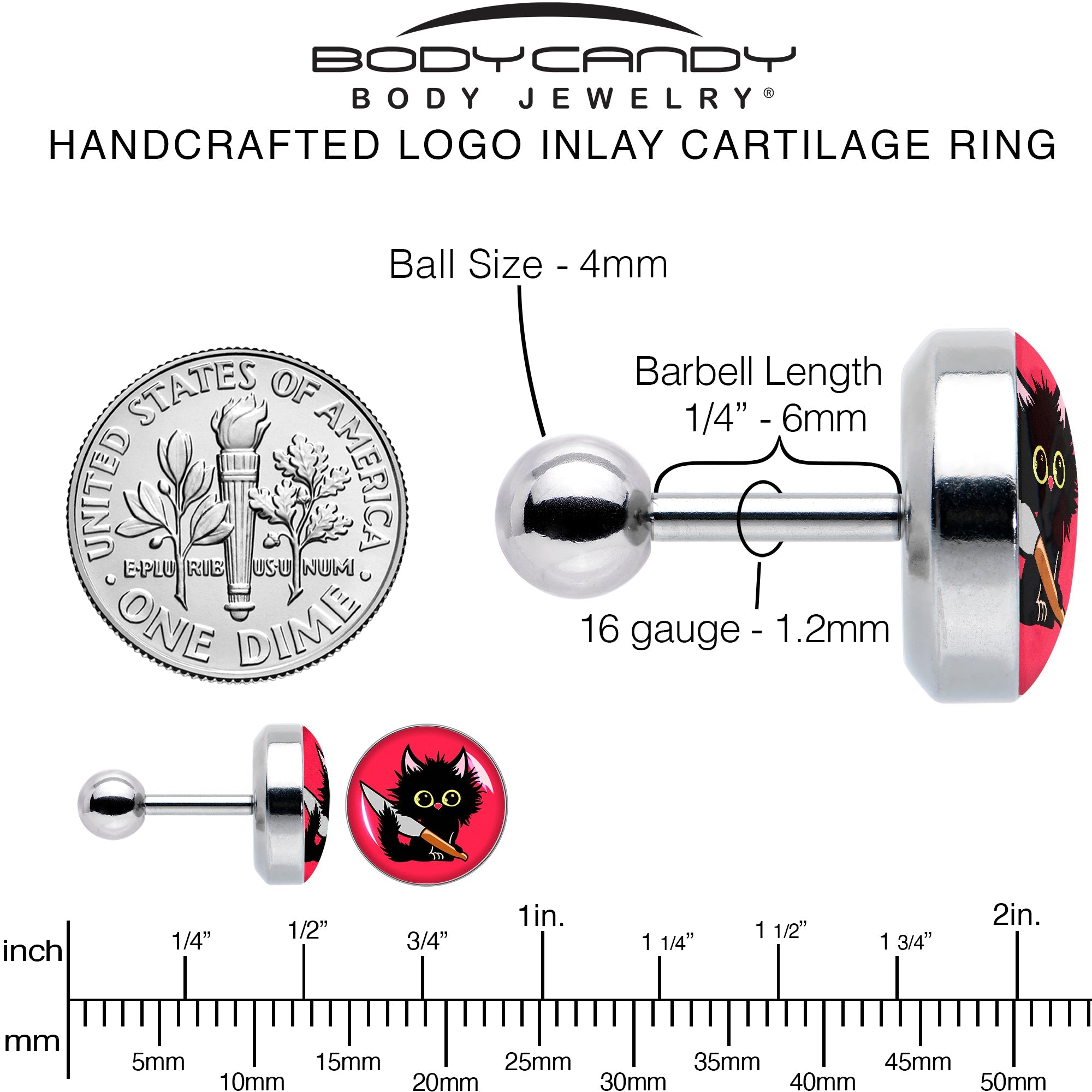 BodyCandy 16G 1/4 Stabby Cat Tragus Cartilage Earring by Onyx O — alternative angle