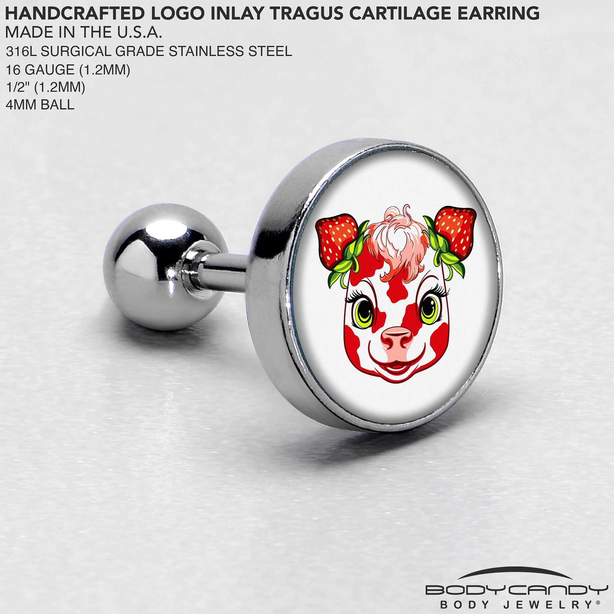 BodyCandy 16G 1/4 Strawberry Cow Cartilage Tragus Earring by Onyx O — side view