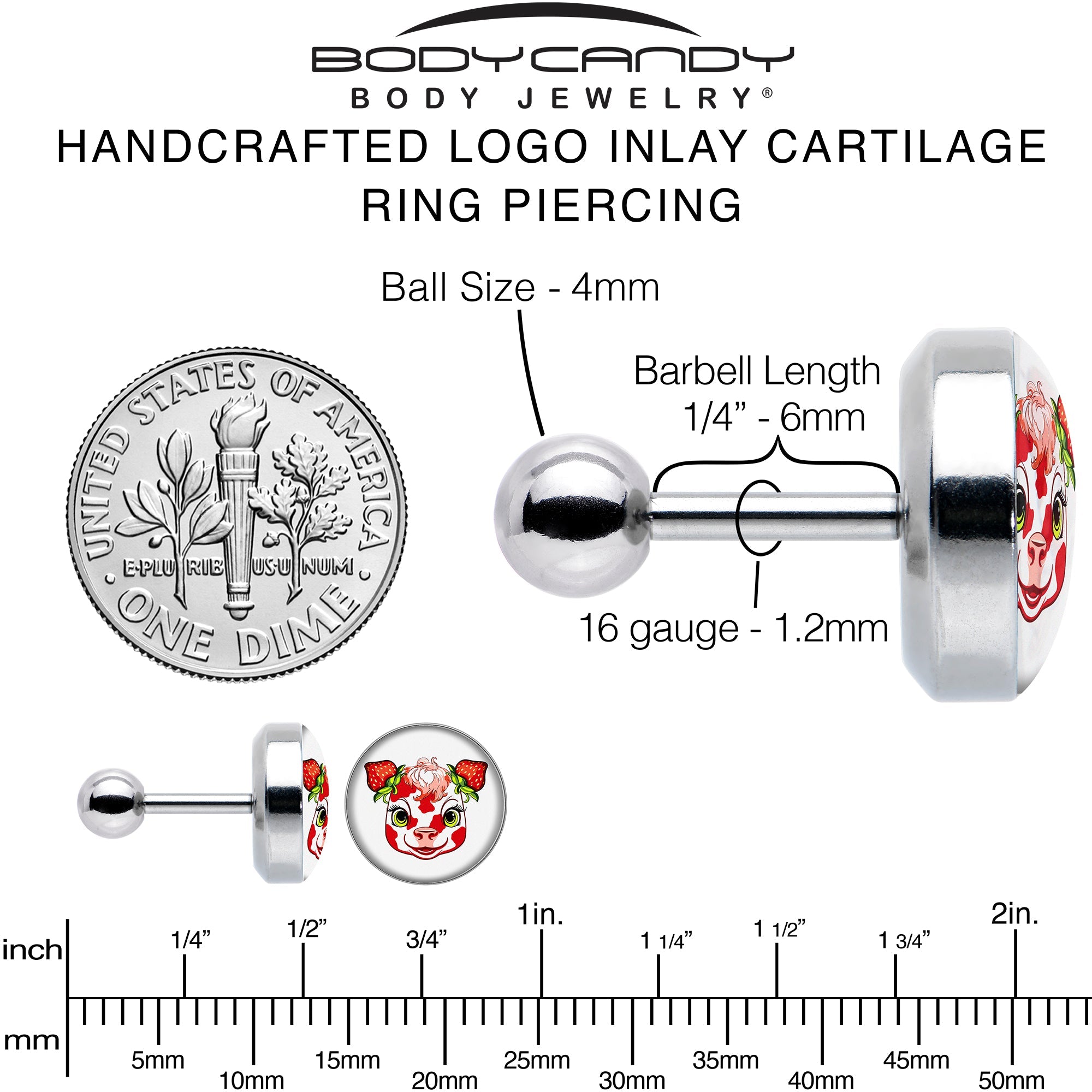 BodyCandy 16G 1/4 Strawberry Cow Cartilage Tragus Earring by Onyx O — alternative angle