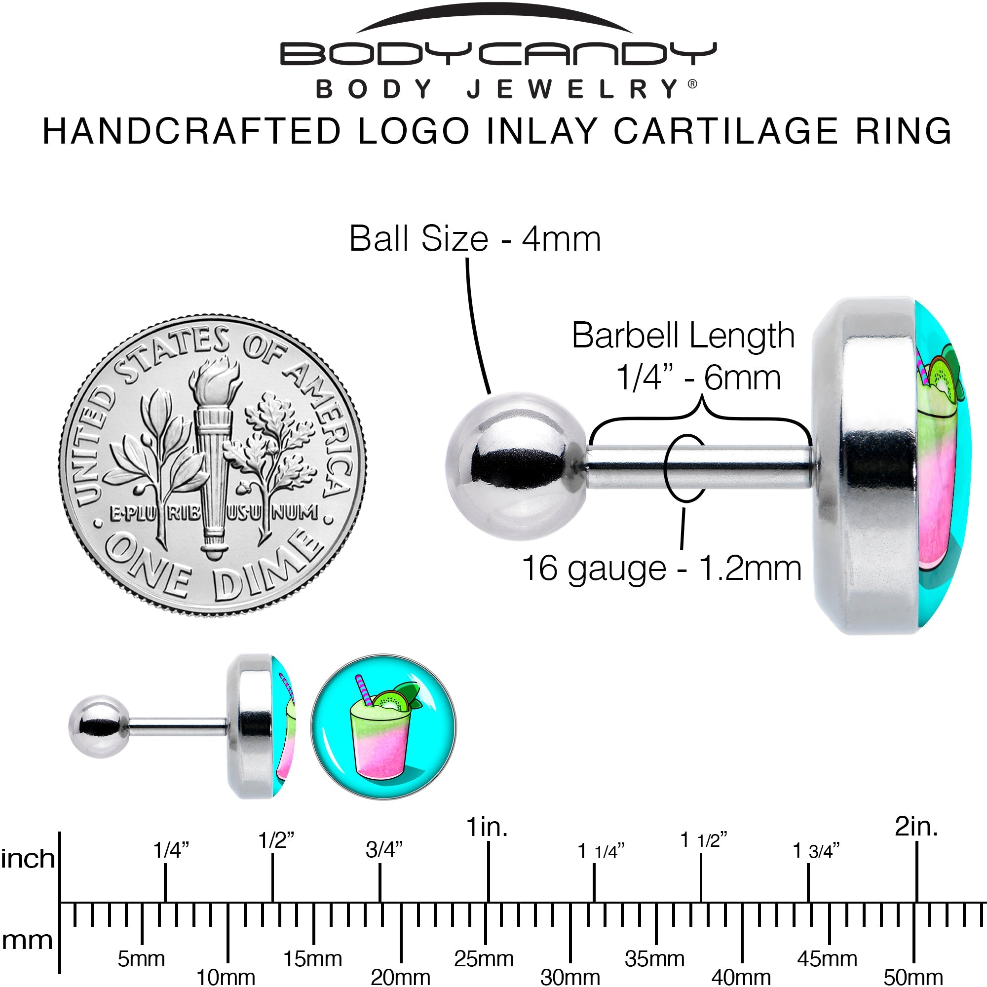 BodyCandy 16G 1/4 Summer Drink Cartilage Tragus Earring by Onyx O — alternative angle