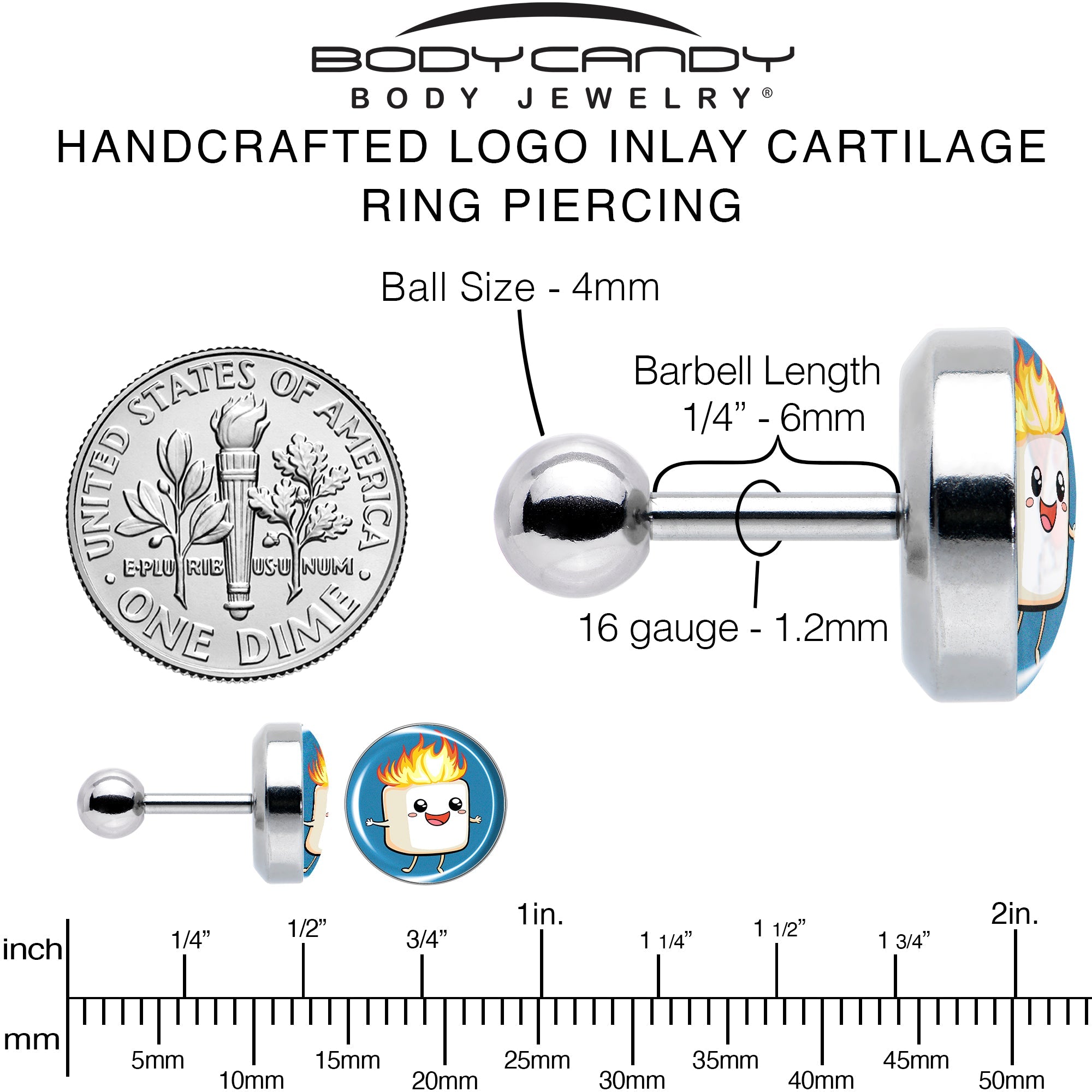 BodyCandy 16G 1/4 Burning Marshmallow Tragus Cartilage Earring by Onyx O — alternative angle