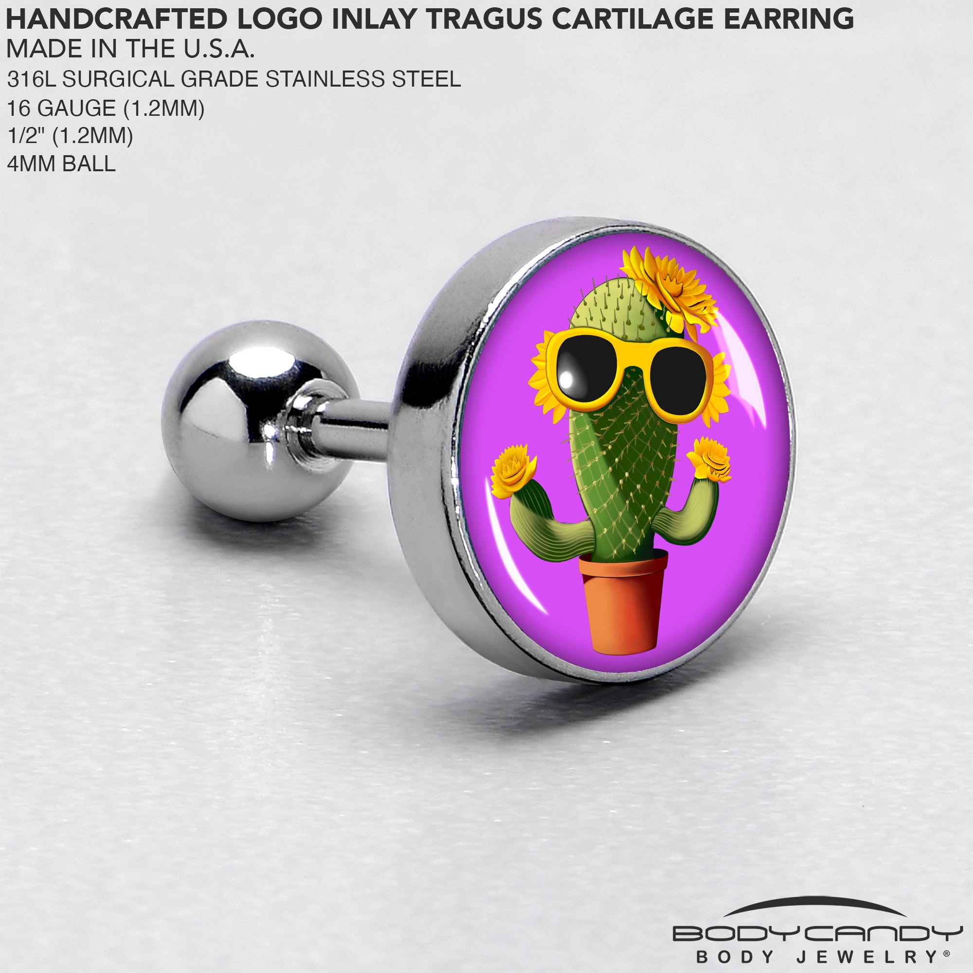 BodyCandy 16G 1/4 Sunflower Cactus Cartilage Tragus Earring by Onyx O — side view