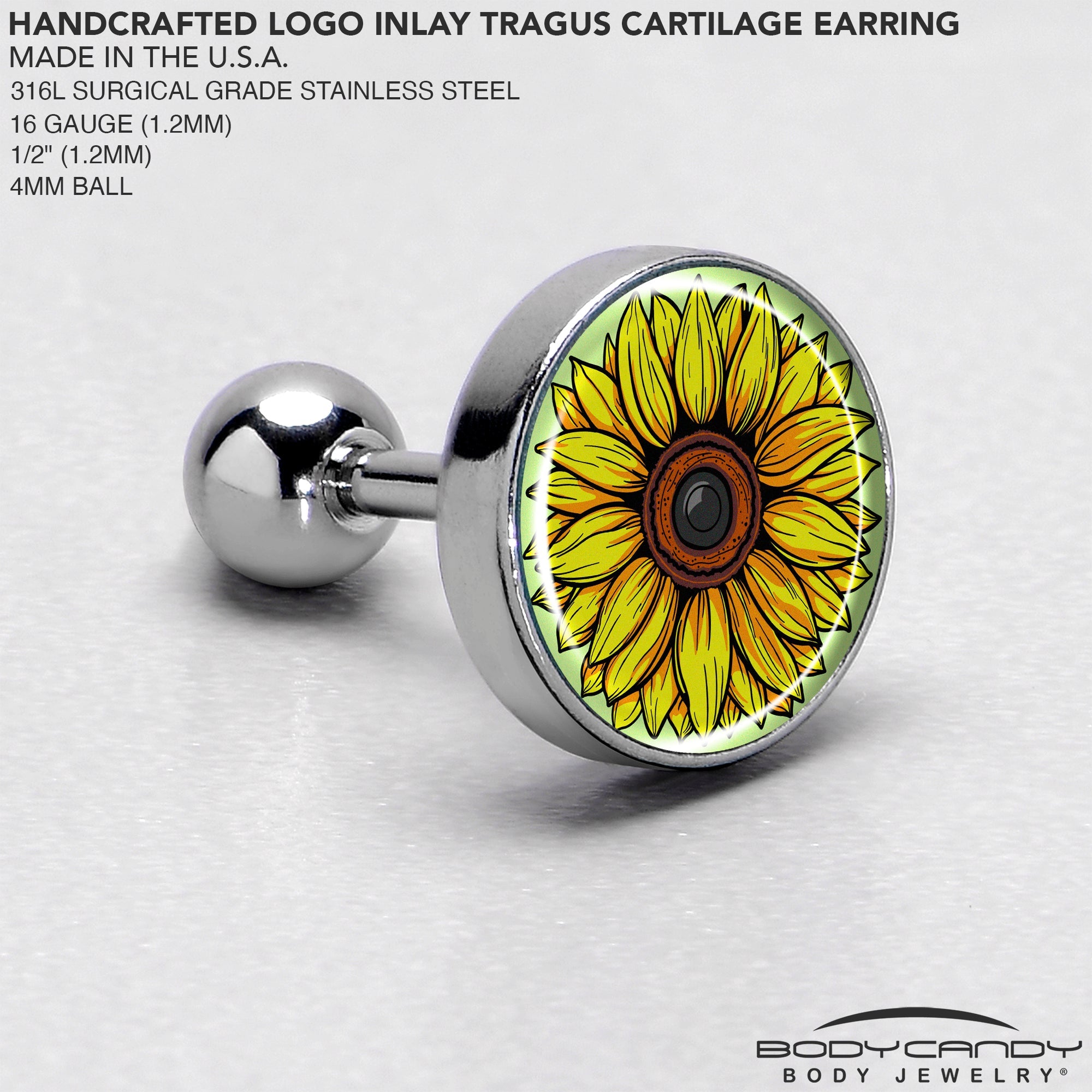 BodyCandy Blossom Creation Yellow Sunflower Tragus Cartilage Earring by Onyx O — side view