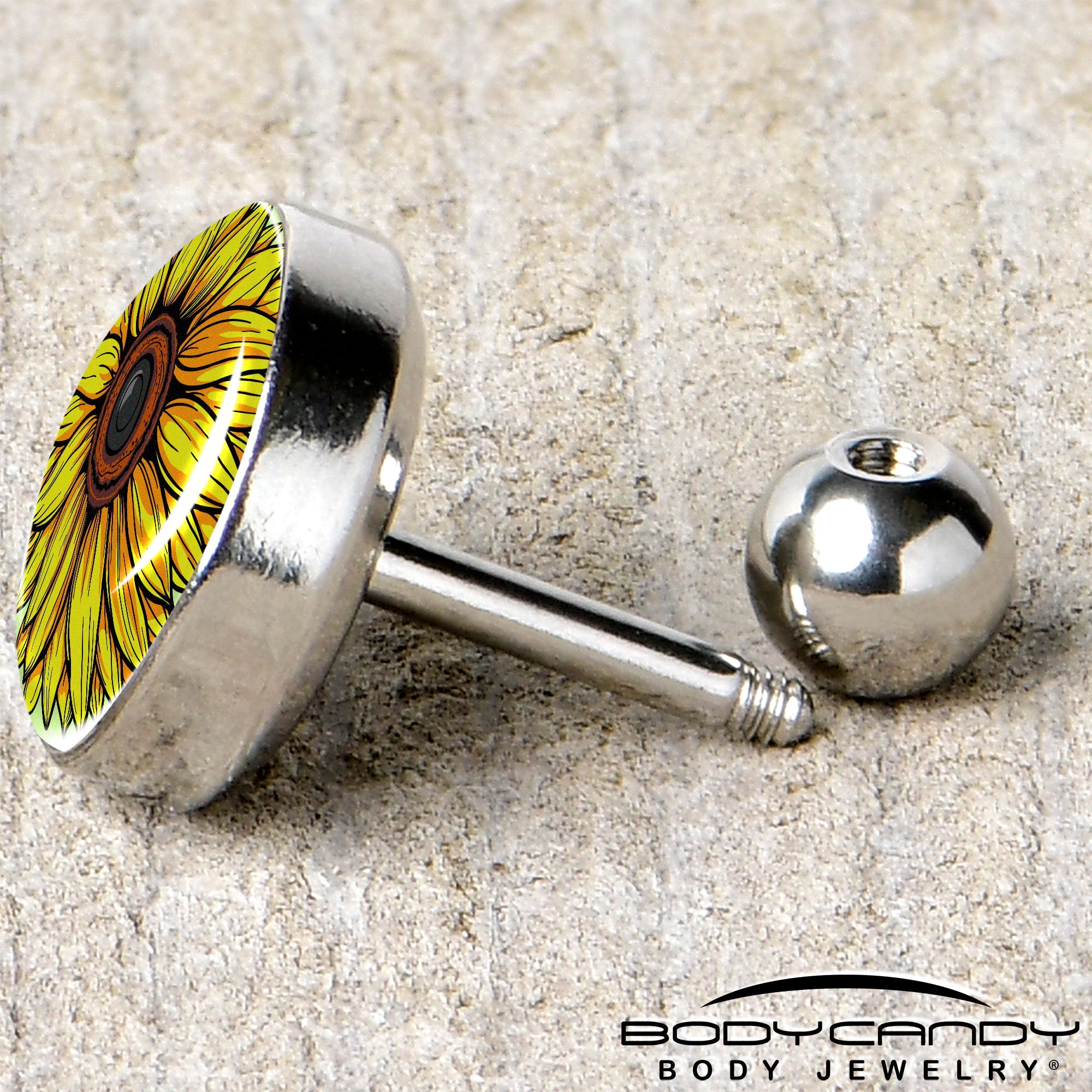BodyCandy Blossom Creation Yellow Sunflower Tragus Cartilage Earring by Onyx O — back view