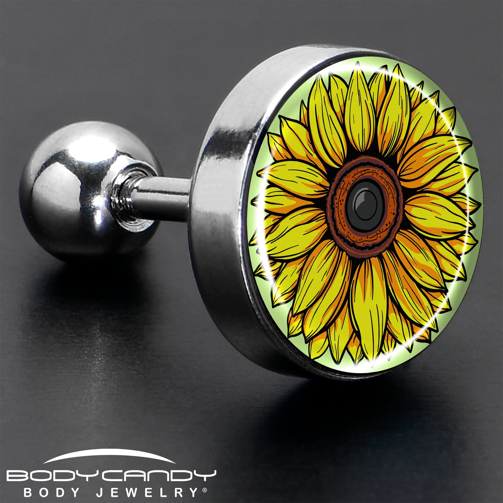 BodyCandy Blossom Creation Yellow Sunflower Tragus Cartilage Earring by Onyx O — in-use photo