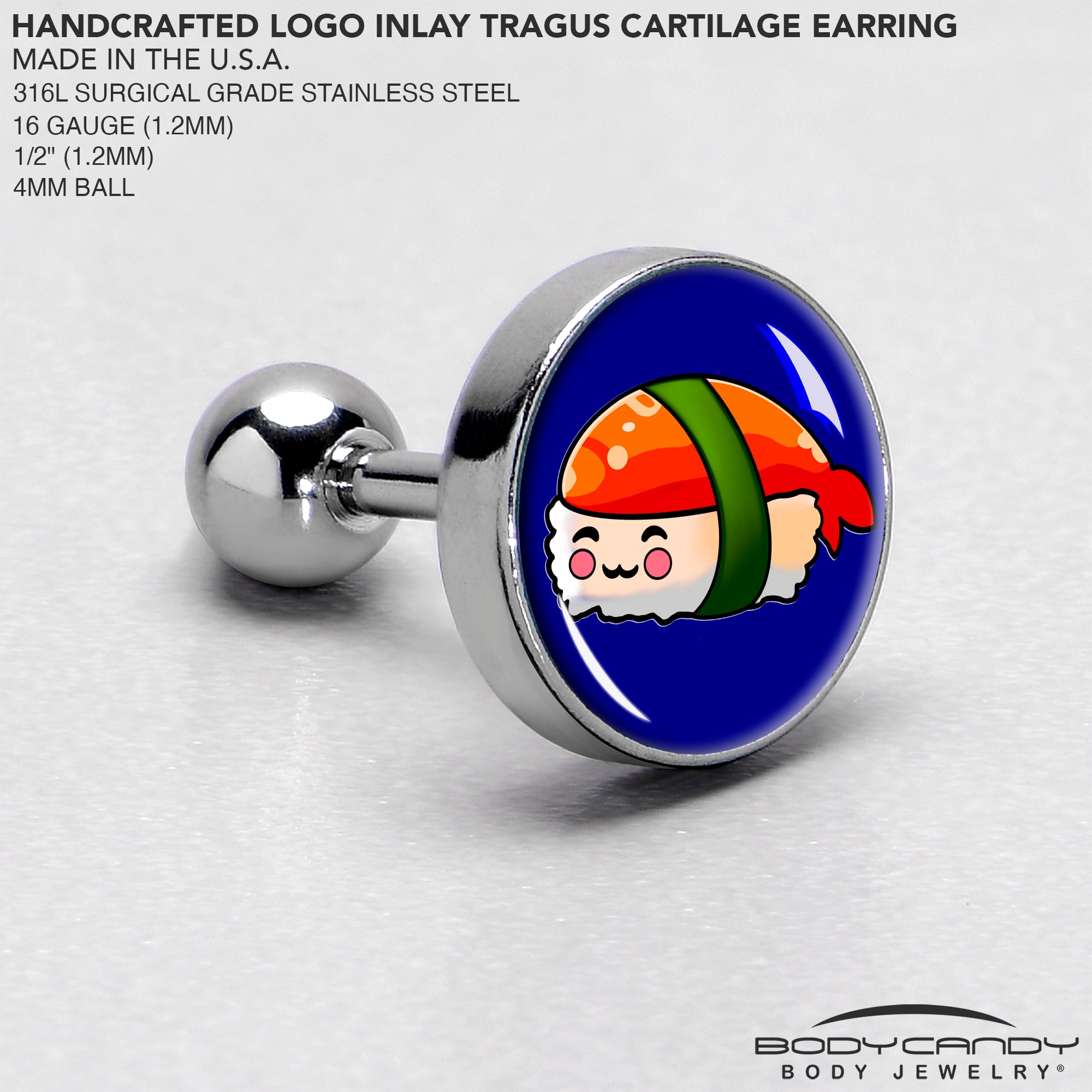 BodyCandy 16G 1/4 Sushi Cartilage Tragus Earring by Onyx O — side view