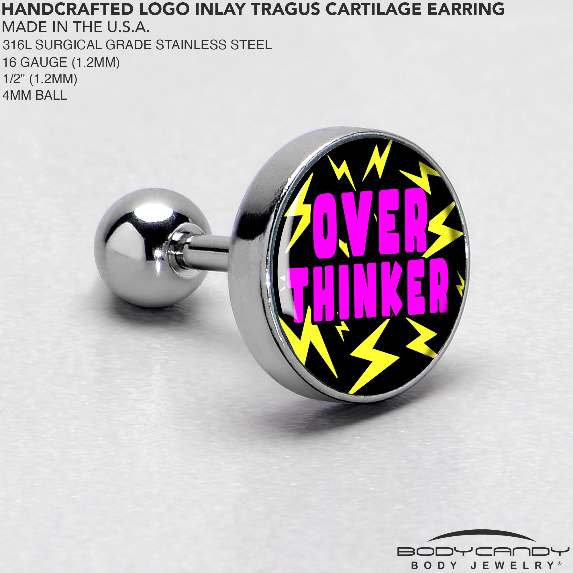 BodyCandy 16G 1/4 Over Thinker Impact Tragus Cartilage Earring by Onyx O — side view