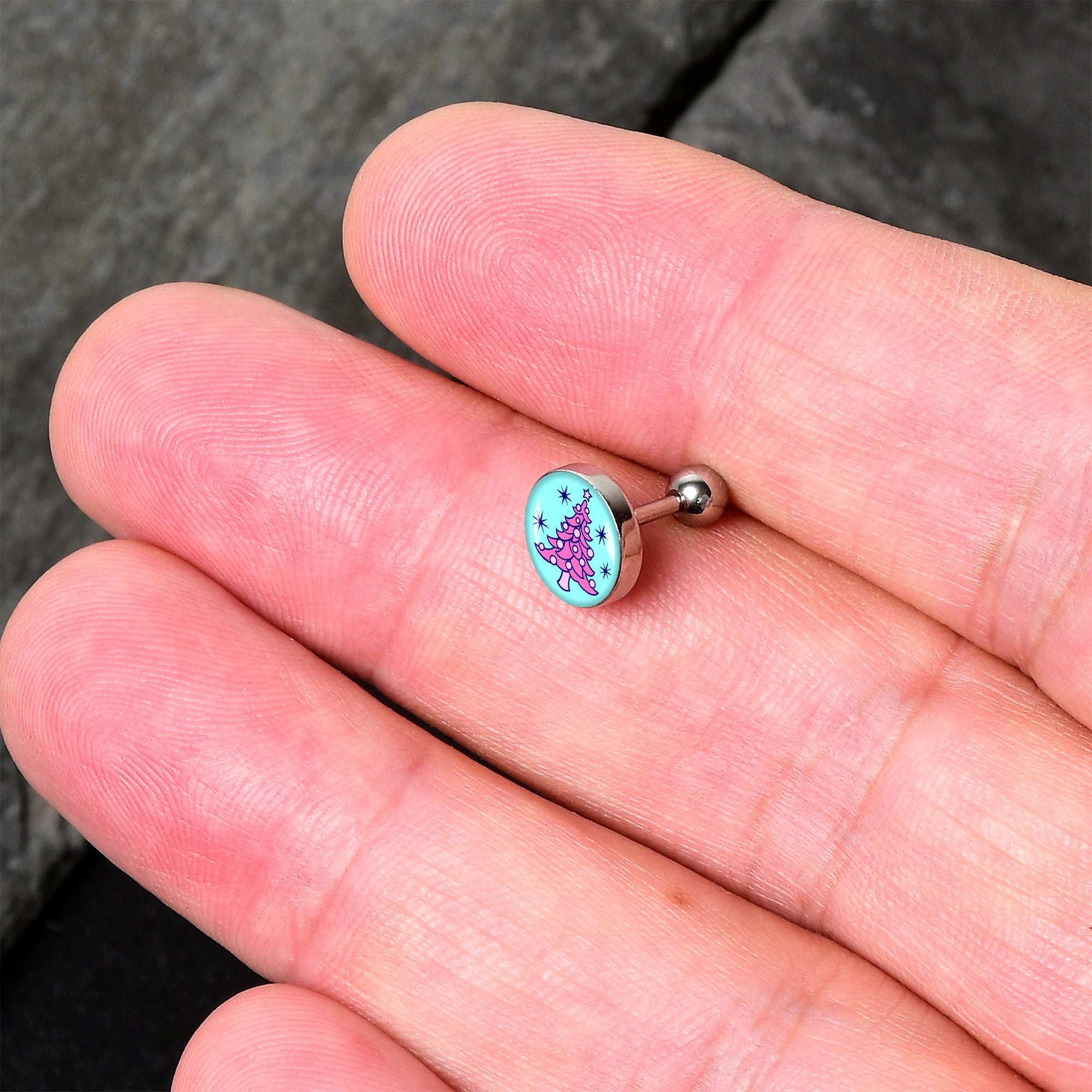 BodyCandy 16G 1/4 Pastel Christmas Tree Tragus Cartilage Earring by Onyx O — detail close-up