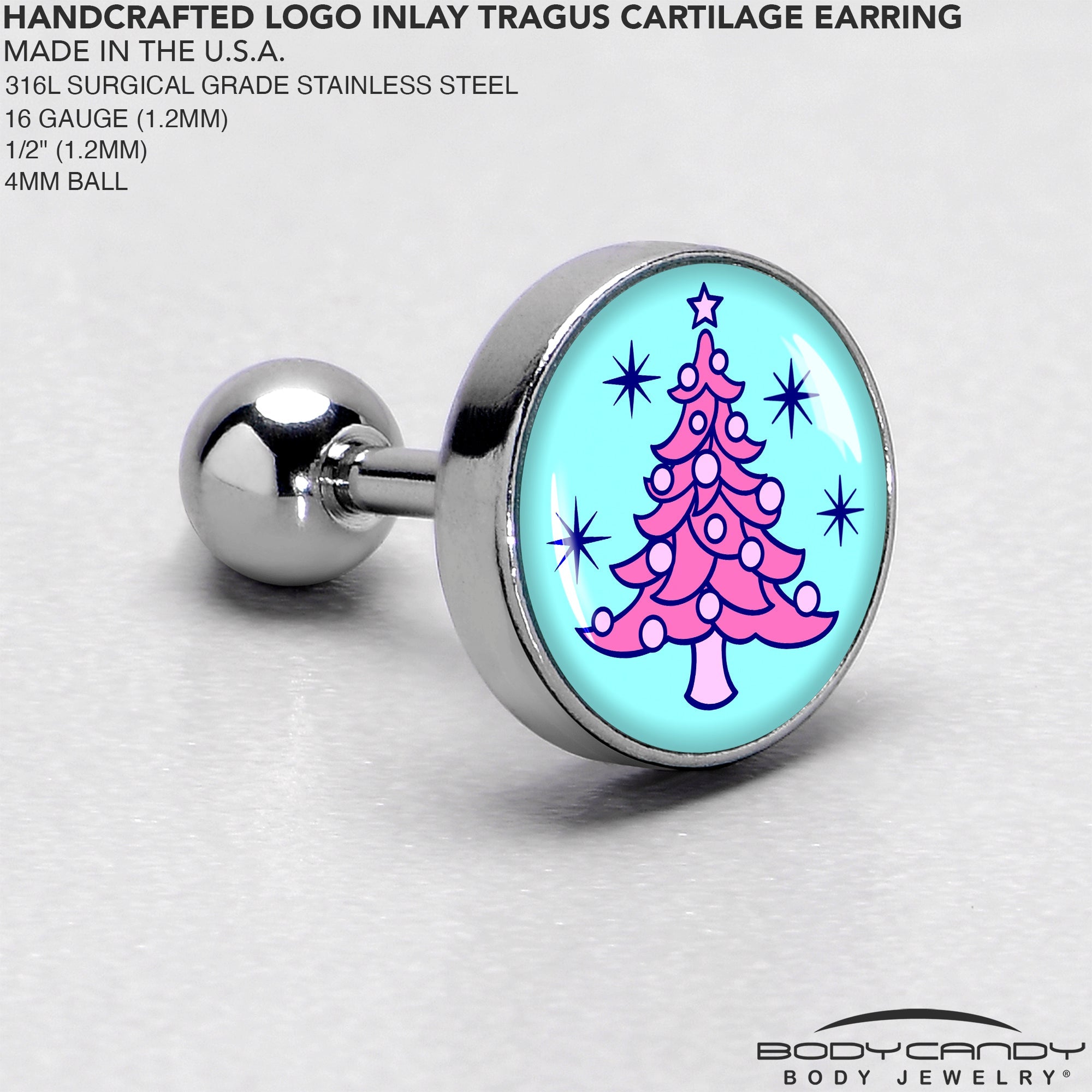 BodyCandy 16G 1/4 Pastel Christmas Tree Tragus Cartilage Earring by Onyx O — side view