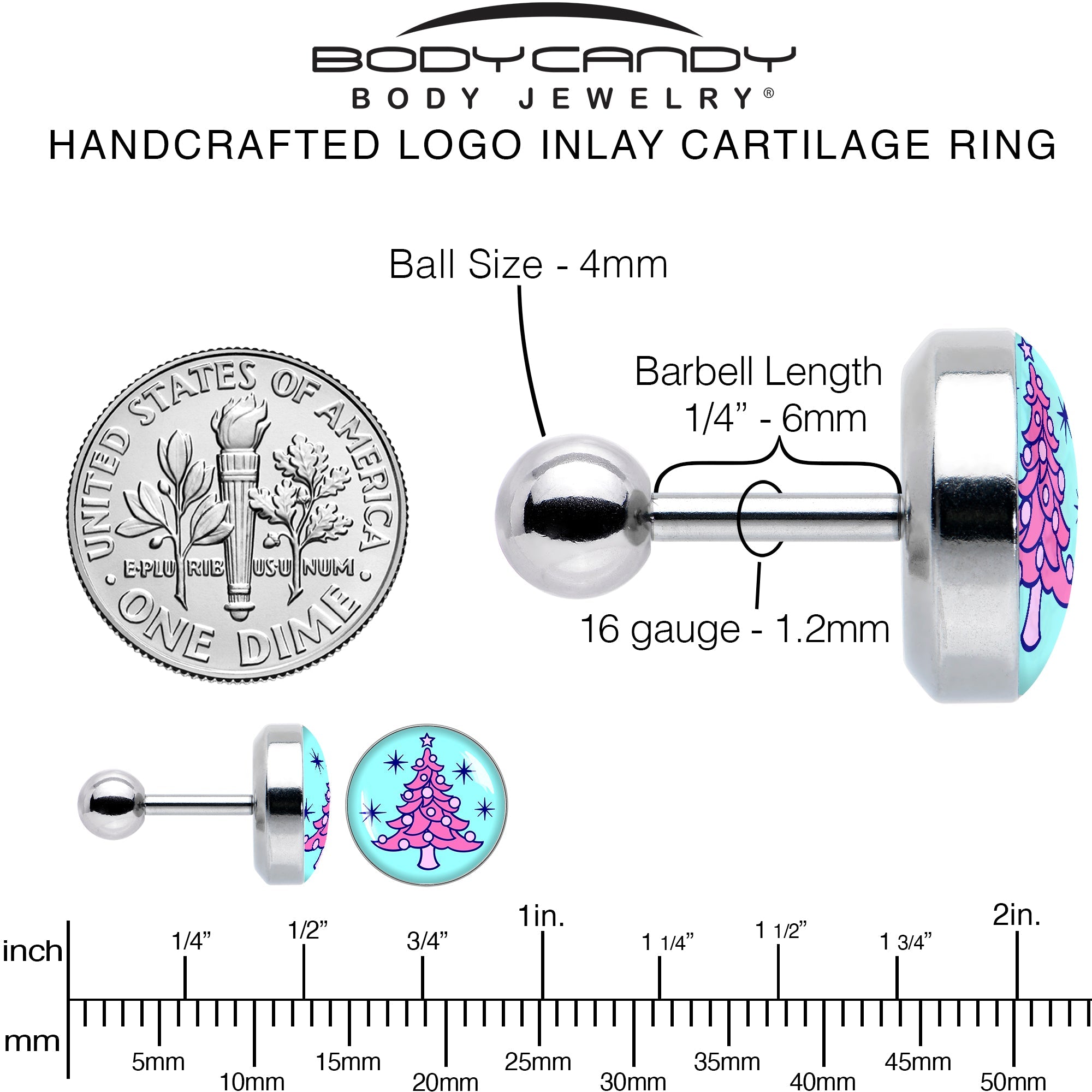 BodyCandy 16G 1/4 Pastel Christmas Tree Tragus Cartilage Earring by Onyx O — alternative angle