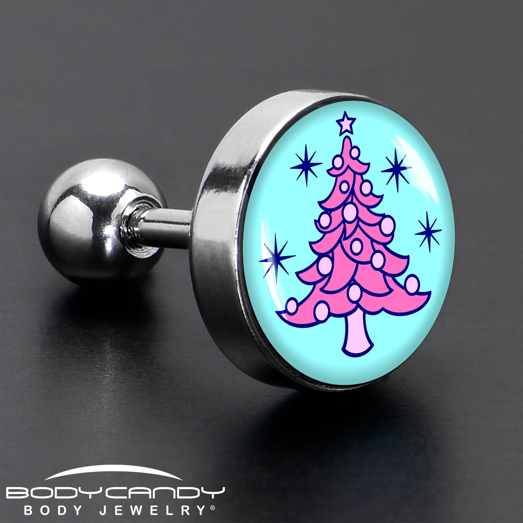 BodyCandy 16G 1/4 Pastel Christmas Tree Tragus Cartilage Earring by Onyx O — in-use photo