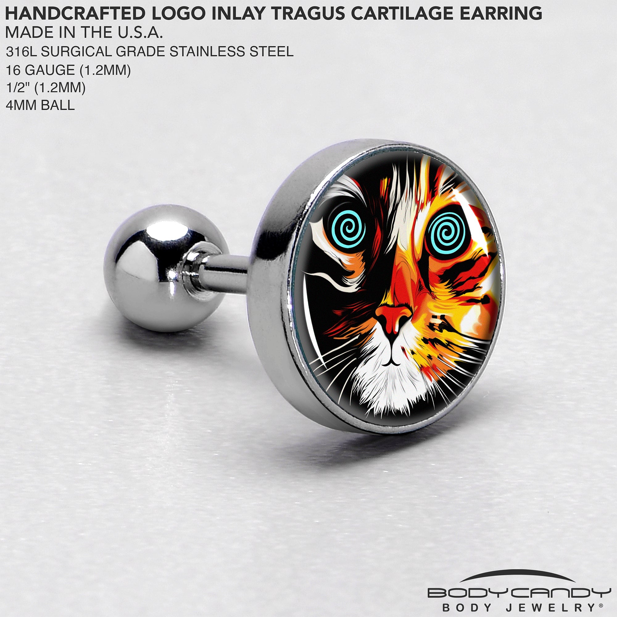 BodyCandy 16G 1/4 Colorful Trippy Cat Cartilage Tragus Earring by Onyx O — side view