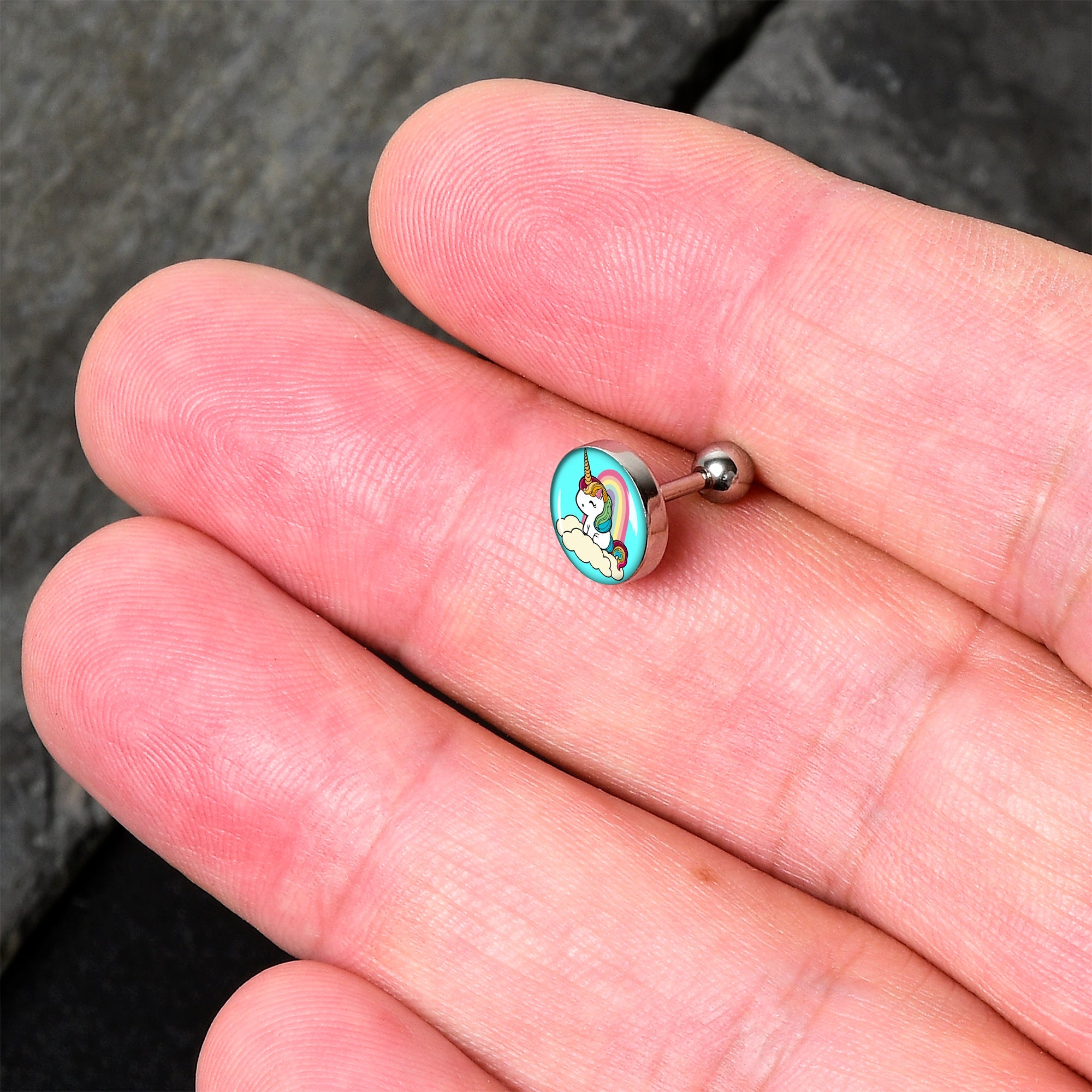 BodyCandy 16G 1/4 Rainbow Unicorn Cartilage Tragus Earring by Onyx O — detail close-up