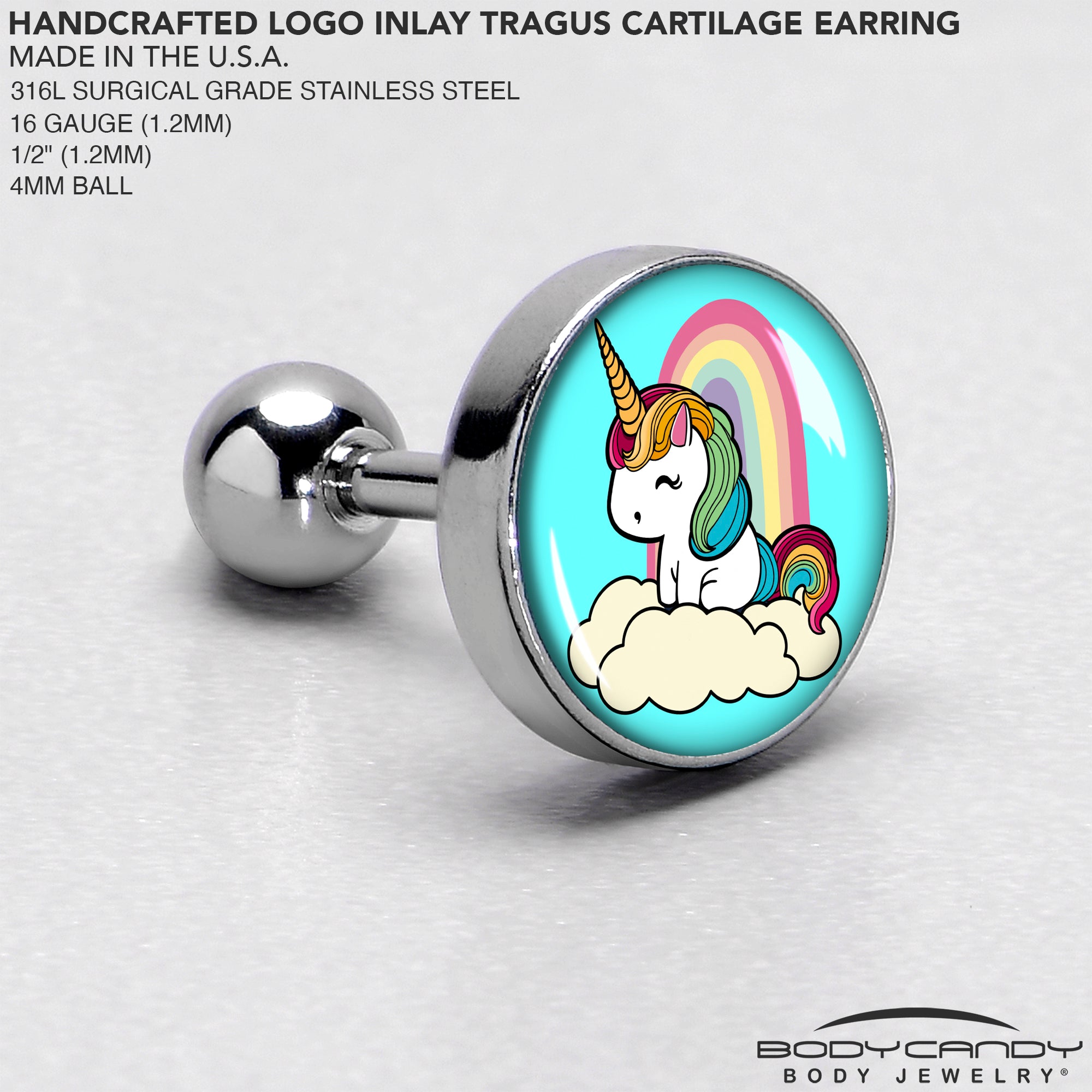 BodyCandy 16G 1/4 Rainbow Unicorn Cartilage Tragus Earring by Onyx O — side view