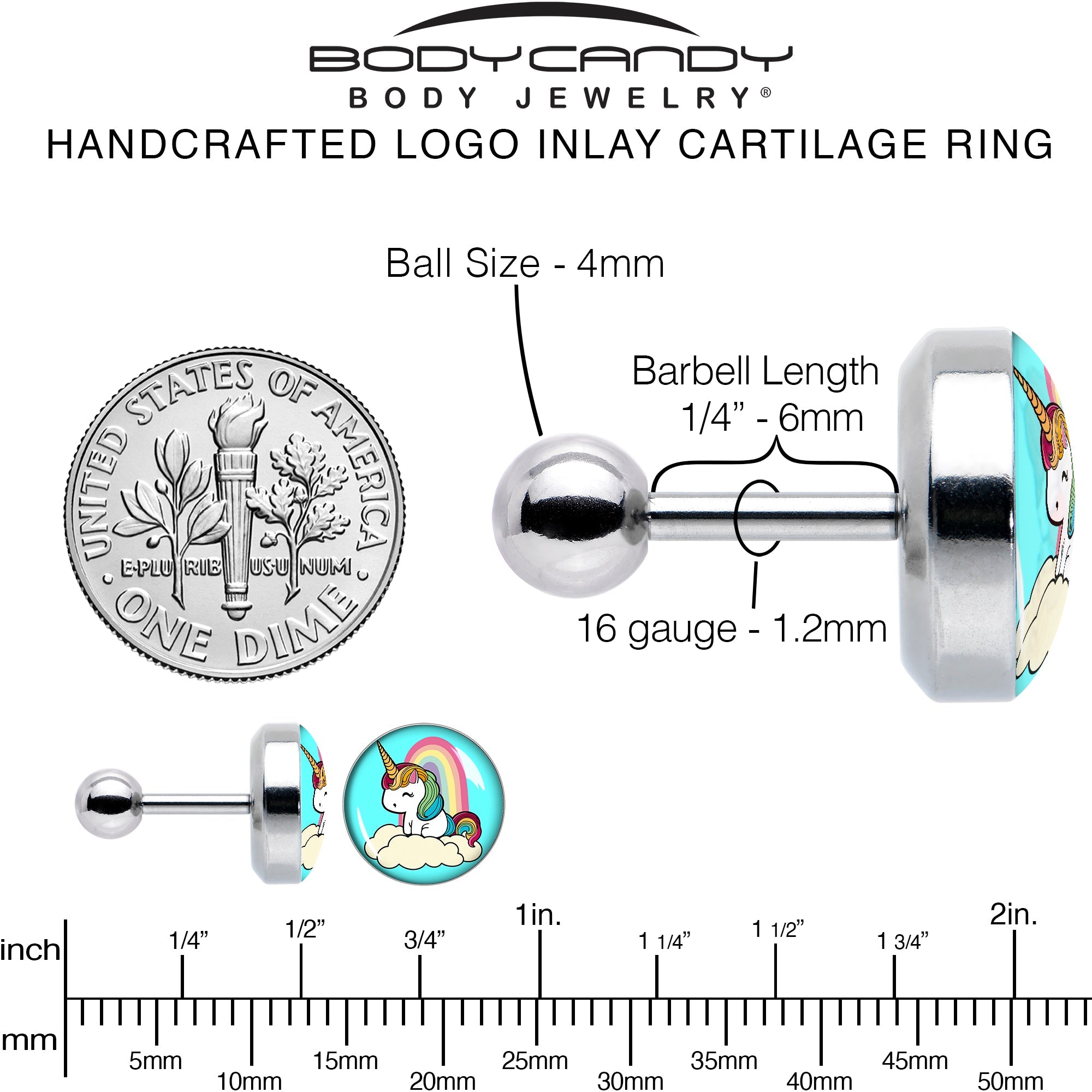 BodyCandy 16G 1/4 Rainbow Unicorn Cartilage Tragus Earring by Onyx O — alternative angle